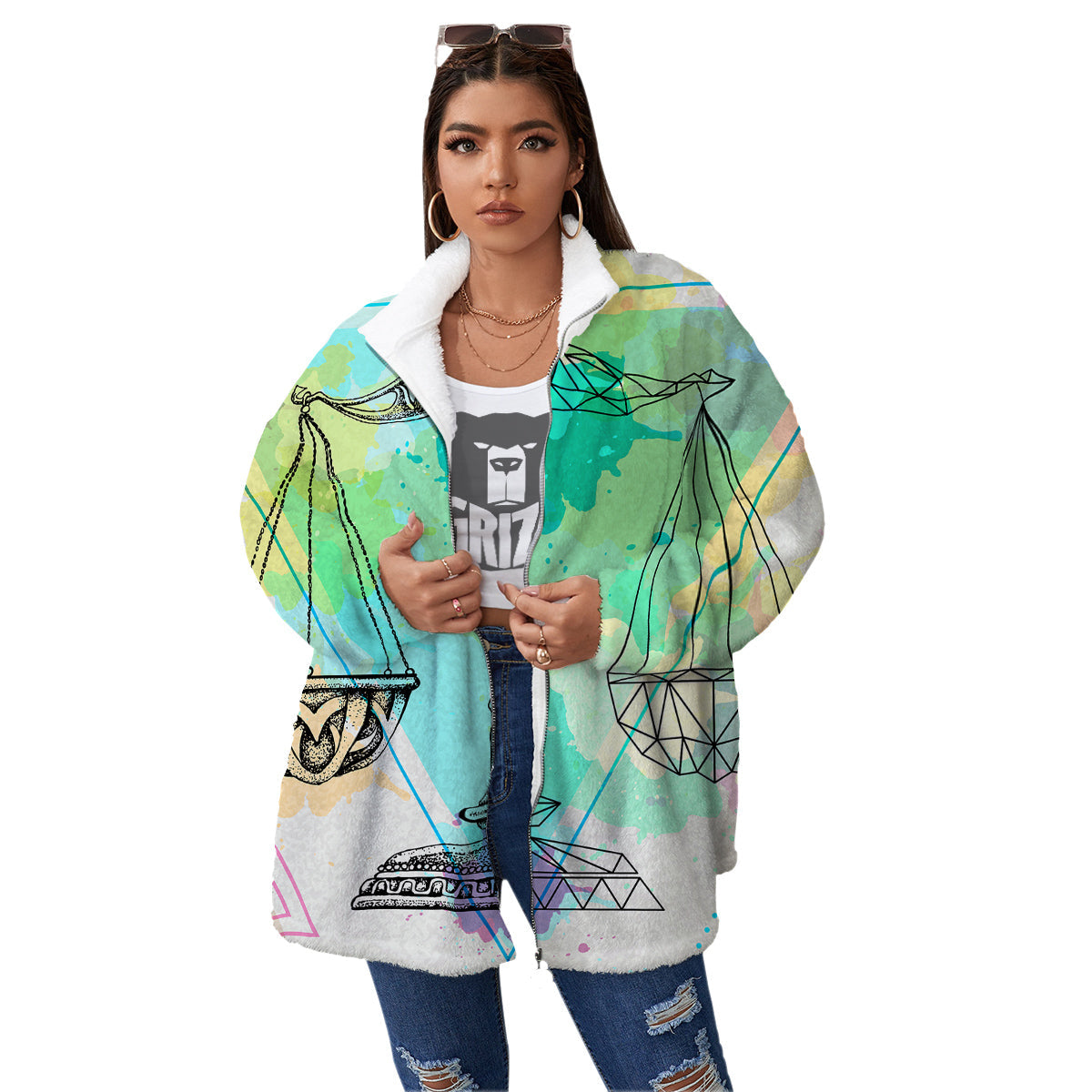 Libra Sign Colorful Print Women's Sherpa Jacket-grizzshop