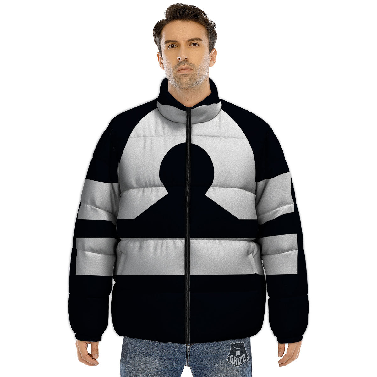 Libra Sign White And Black Print Puffer Jacket-grizzshop