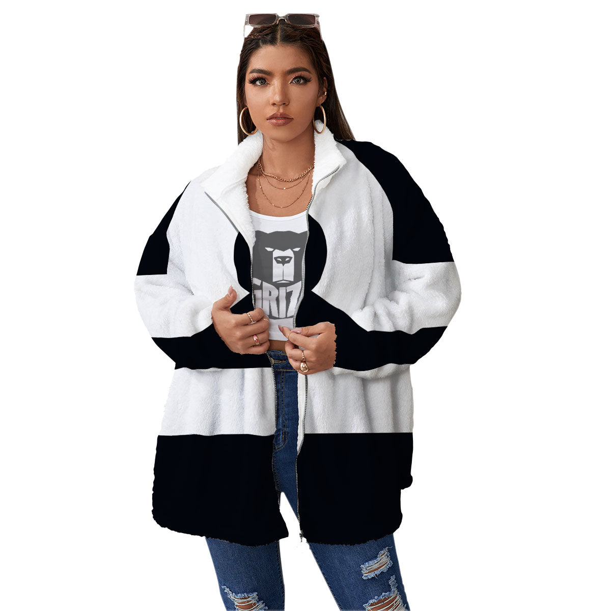 Libra Sign White And Black Print Women's Sherpa Jacket-grizzshop