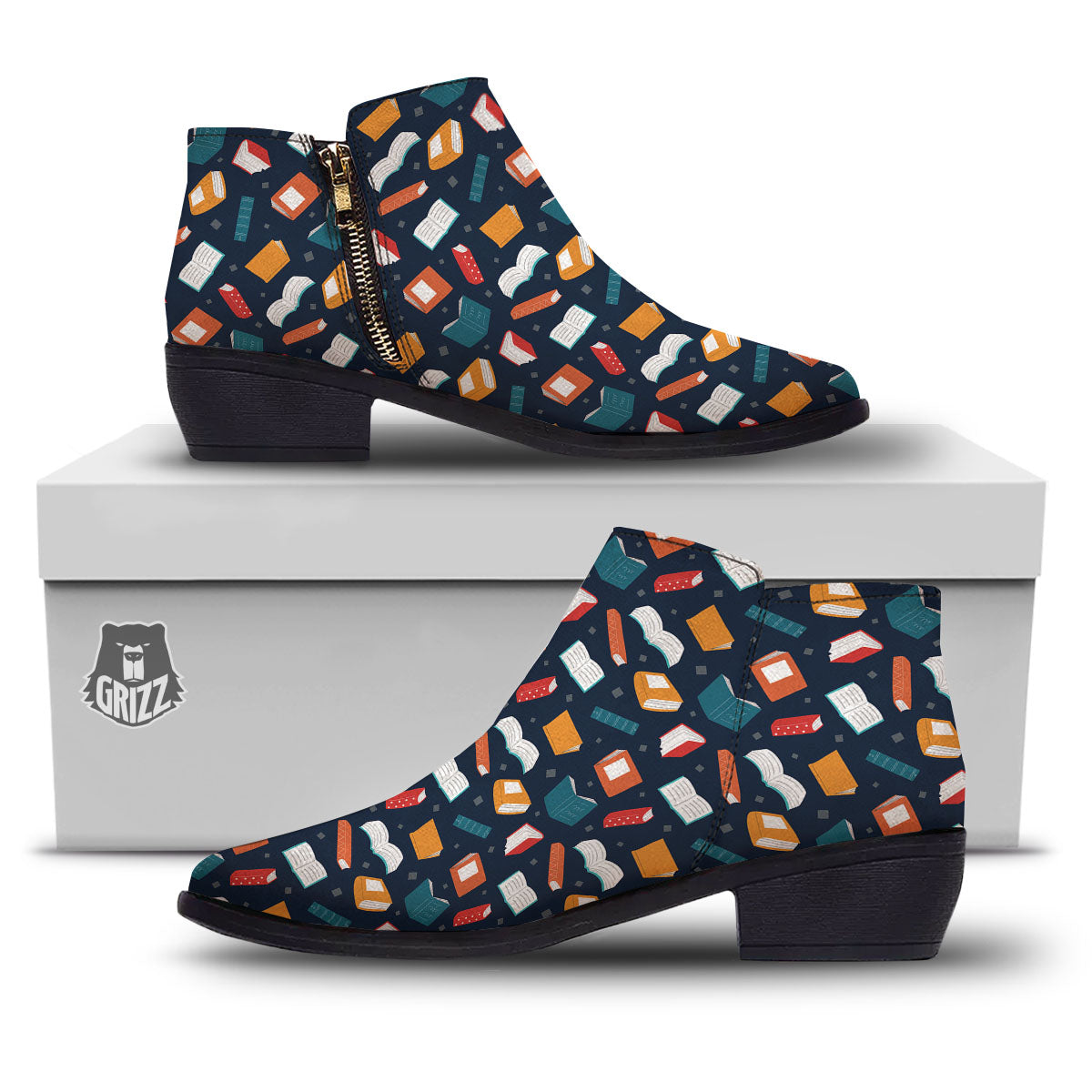 Library Reading Print Pattern Ankle Boots-grizzshop