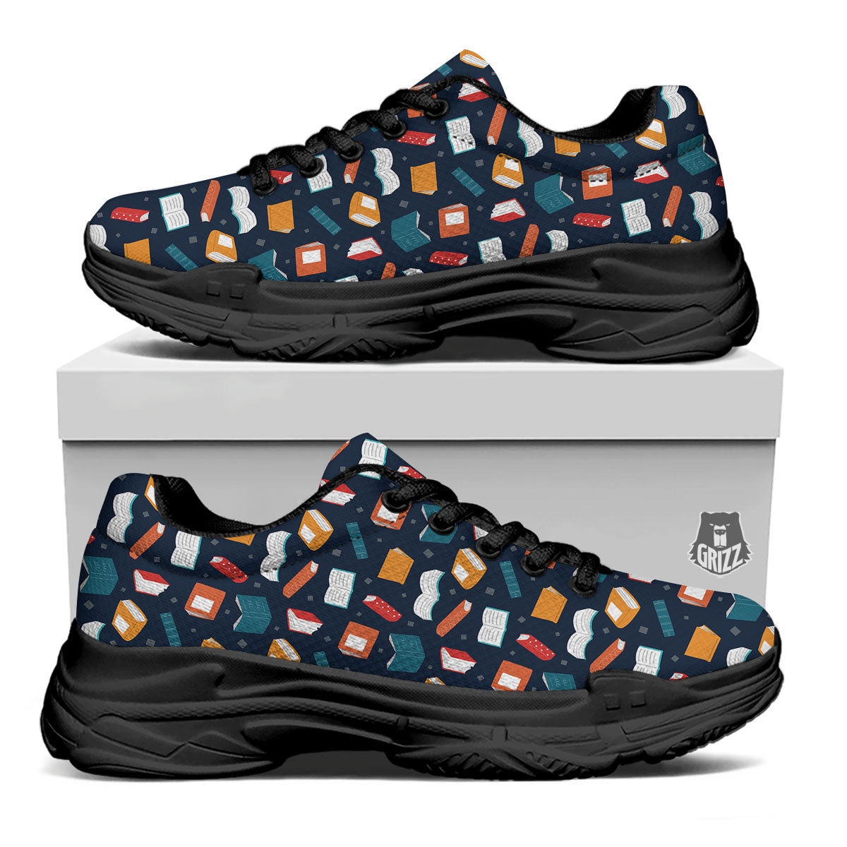 Library Reading Print Pattern Black Chunky Shoes-grizzshop