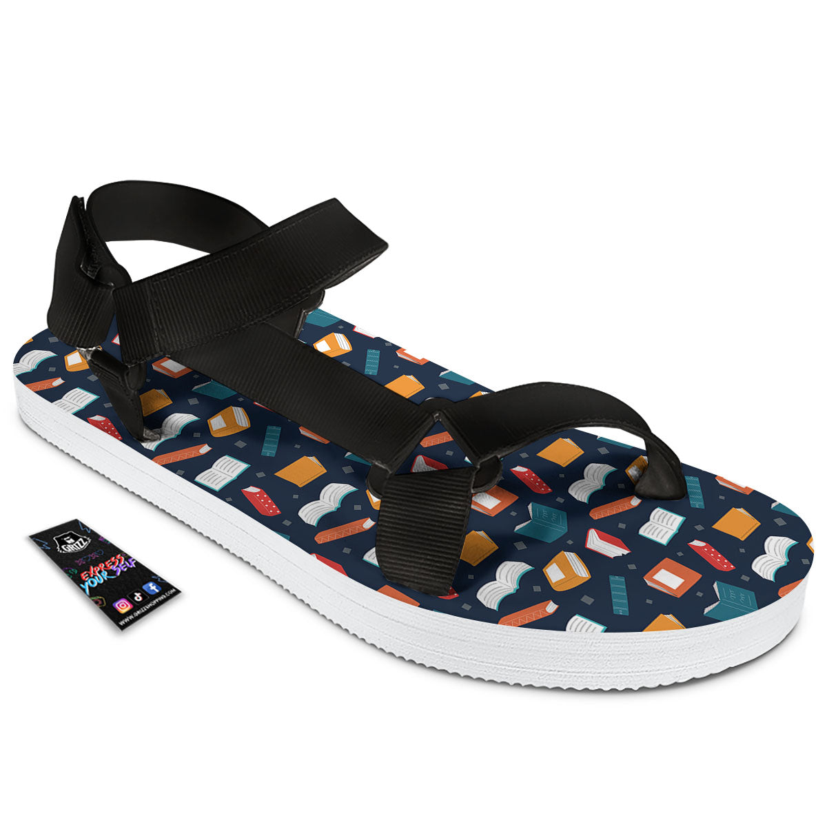 Library Reading Print Pattern Black Open Toe Sandals-grizzshop