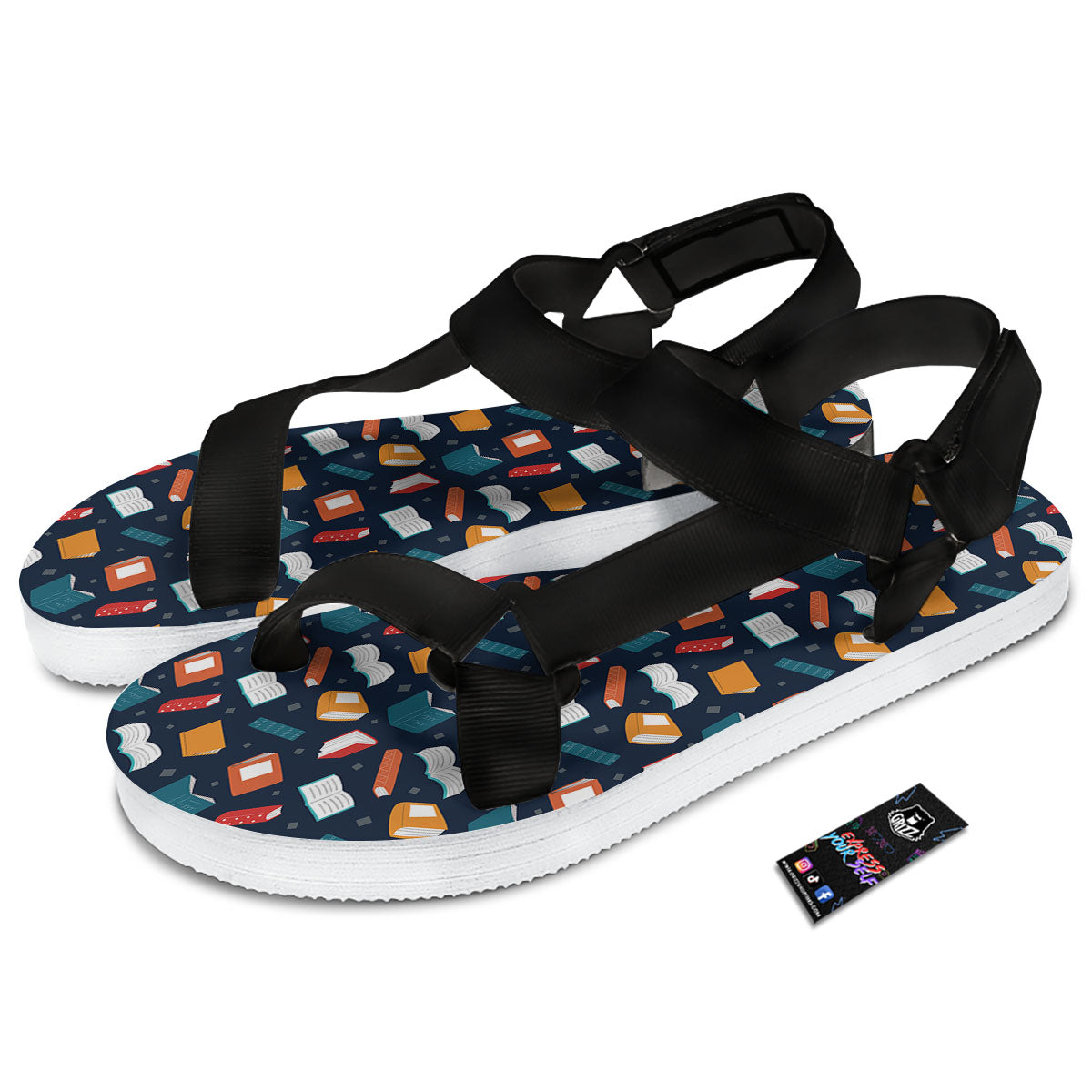 Library Reading Print Pattern Black Open Toe Sandals-grizzshop