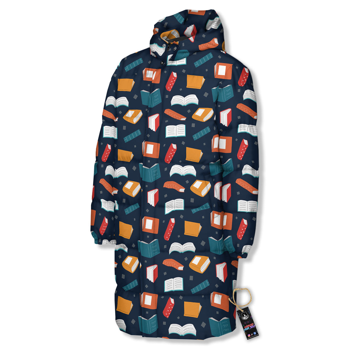 Library Reading Print Pattern Long Down Jacket-grizzshop