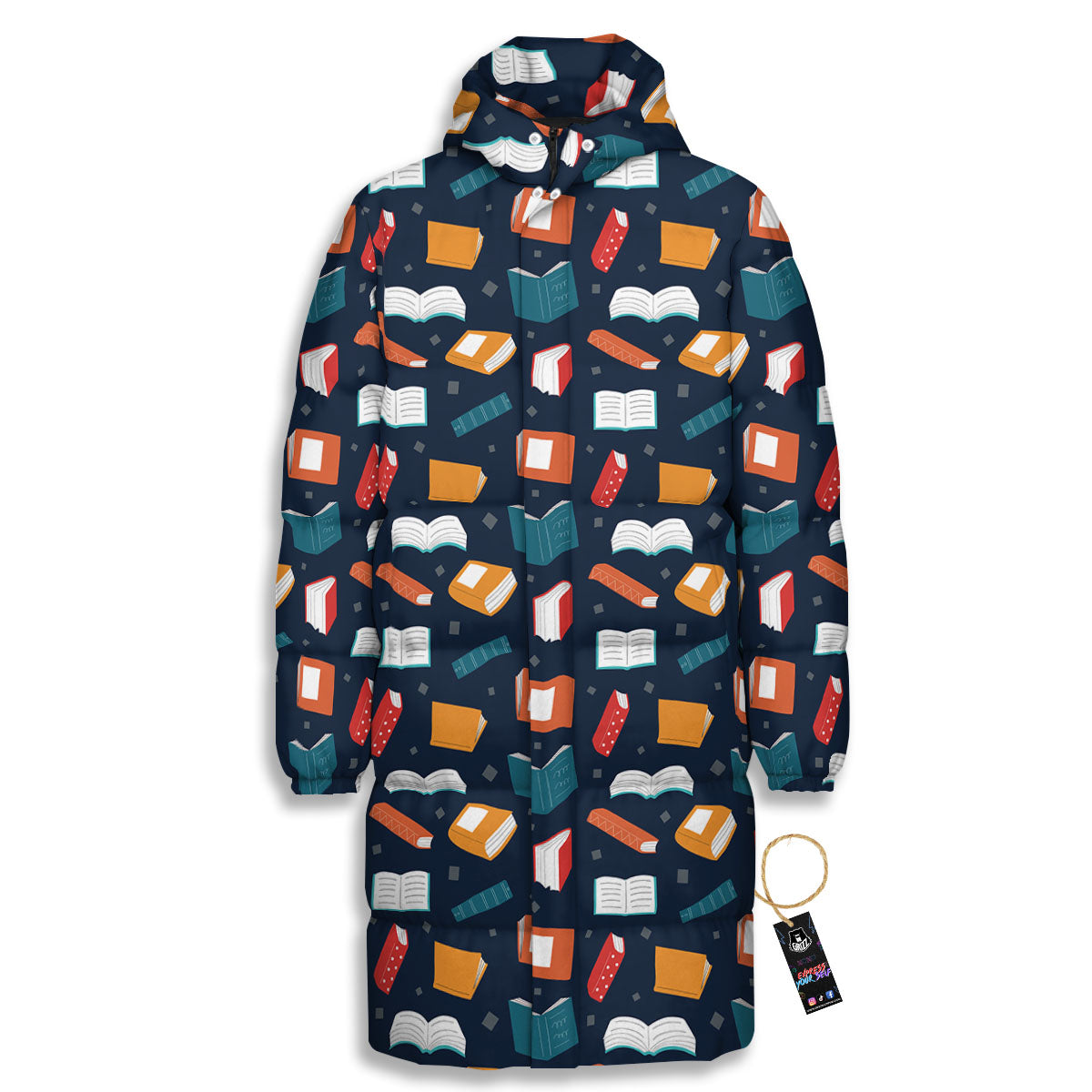 Library Reading Print Pattern Long Down Jacket-grizzshop