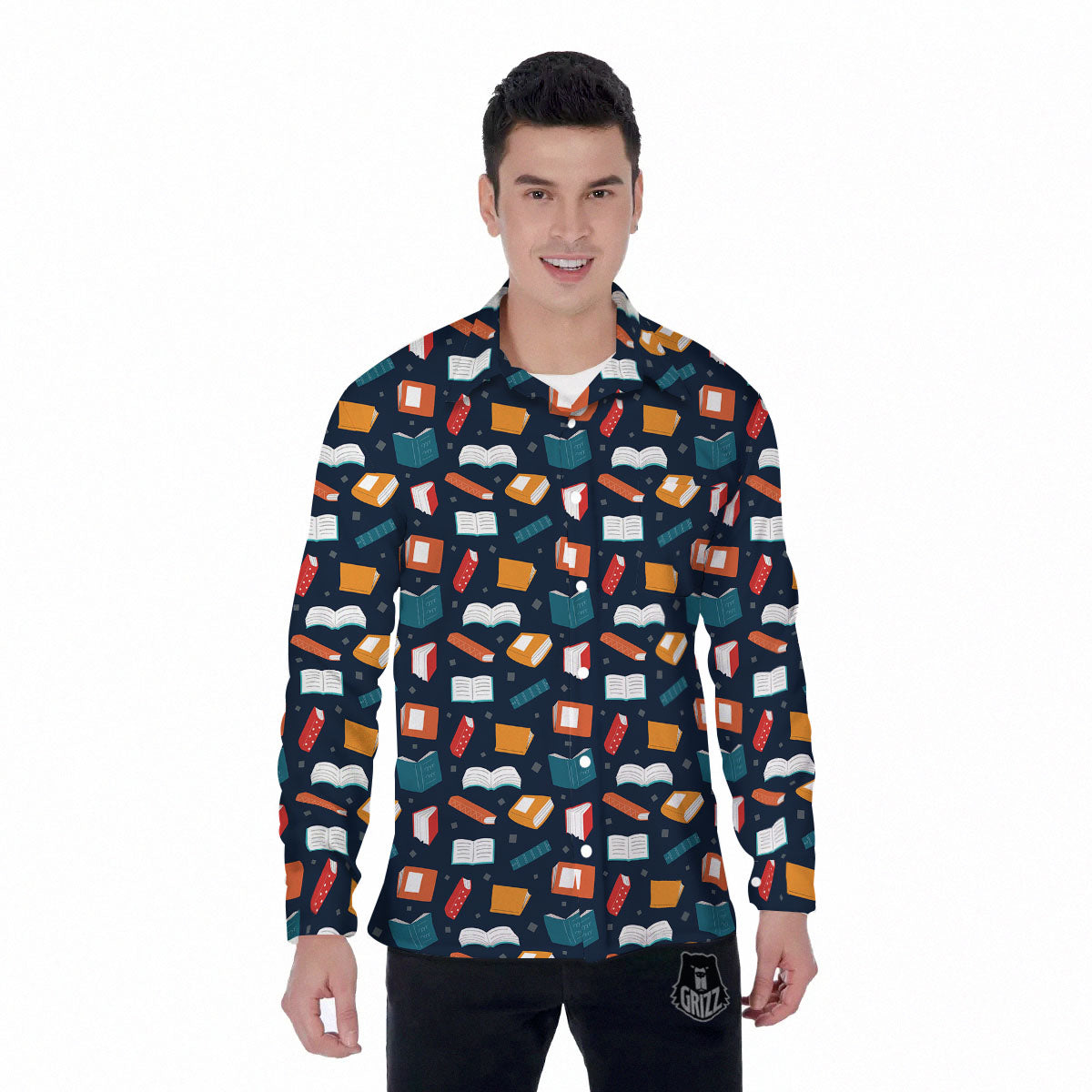 Library Reading Print Pattern Men's Long Sleeve Shirts-grizzshop