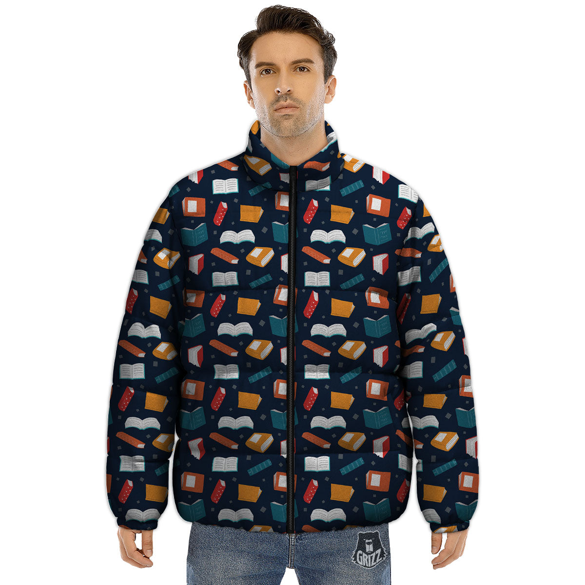 Library Reading Print Pattern Puffer Jacket-grizzshop