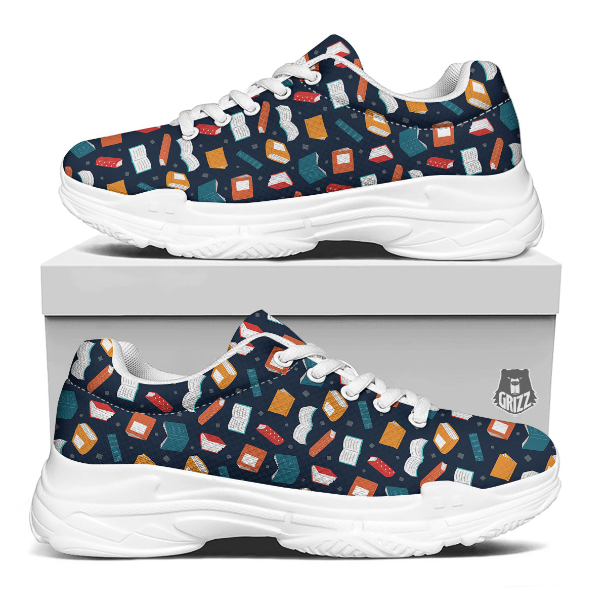 Library Reading Print Pattern White Chunky Shoes-grizzshop