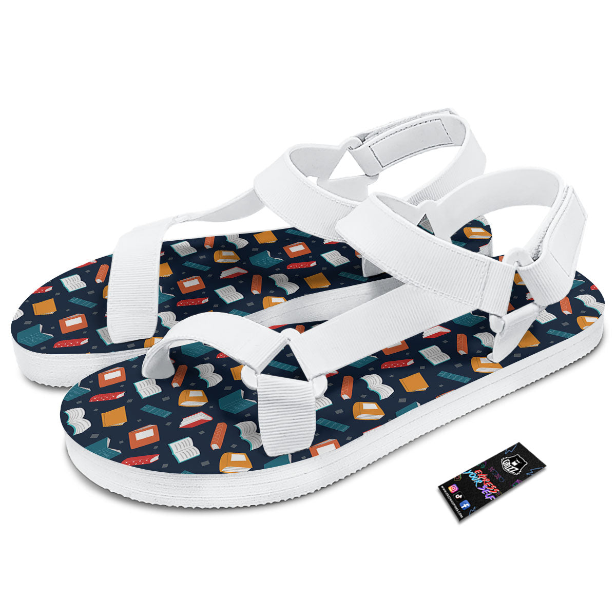 Library Reading Print Pattern White Open Toe Sandals-grizzshop