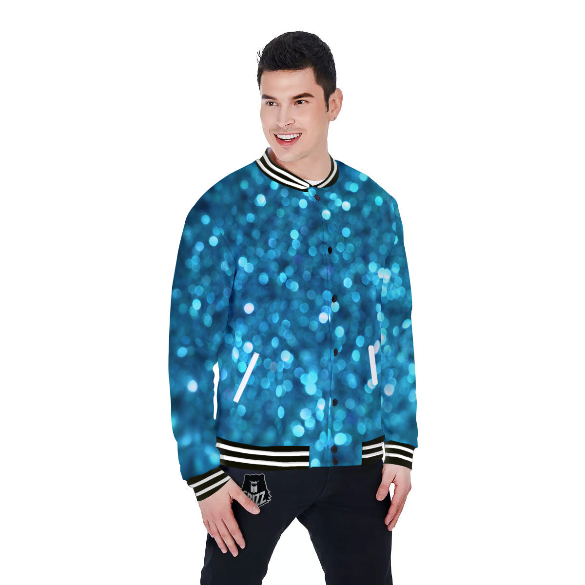 Light Blue Sparkle Print Baseball Jacket-grizzshop