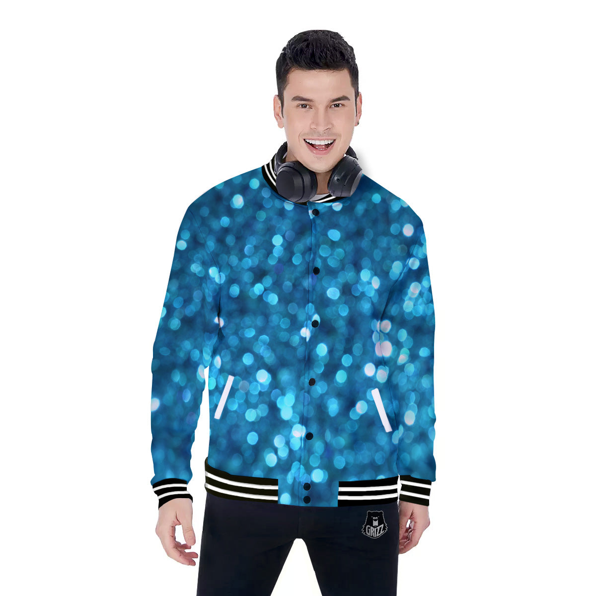 Light Blue Sparkle Print Baseball Jacket-grizzshop