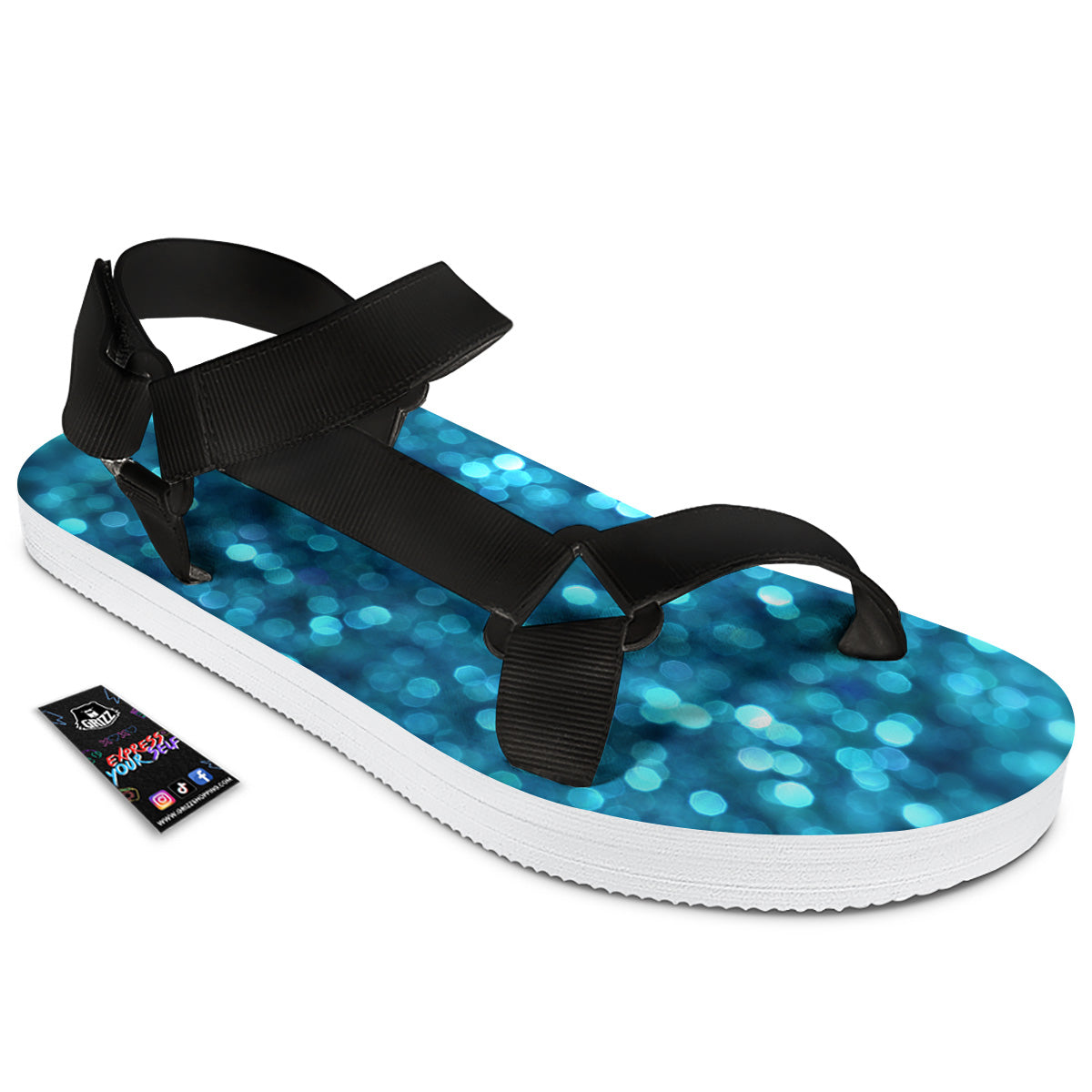 Light Blue Sparkle Print Black Open Toe Sandals-grizzshop
