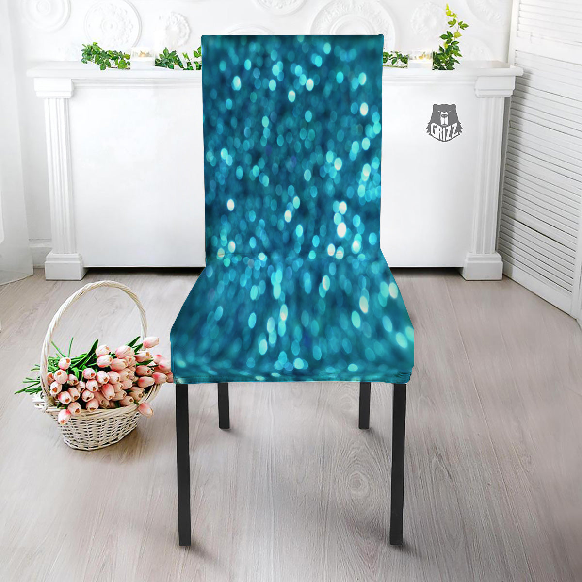 Light Blue Sparkle Print Dining Chair Slipcover-grizzshop