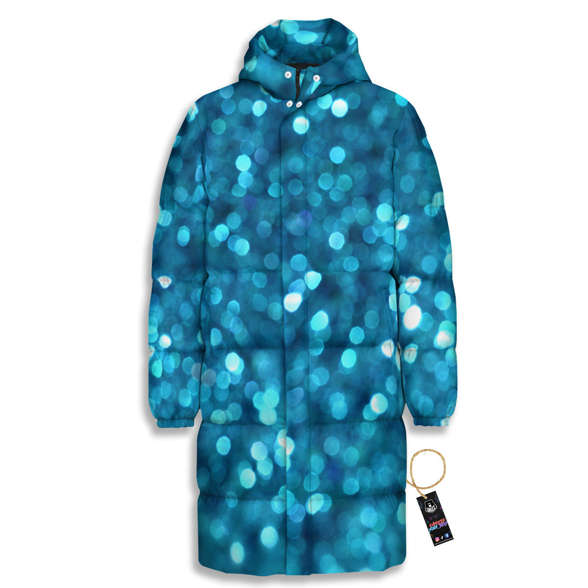 Light Blue Sparkle Print Long Down Jacket-grizzshop