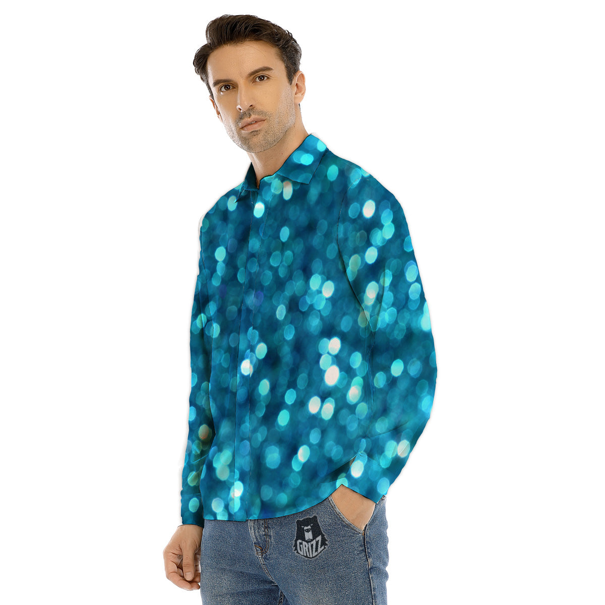 Light Blue Sparkle Print Men's Dress Shirts-grizzshop