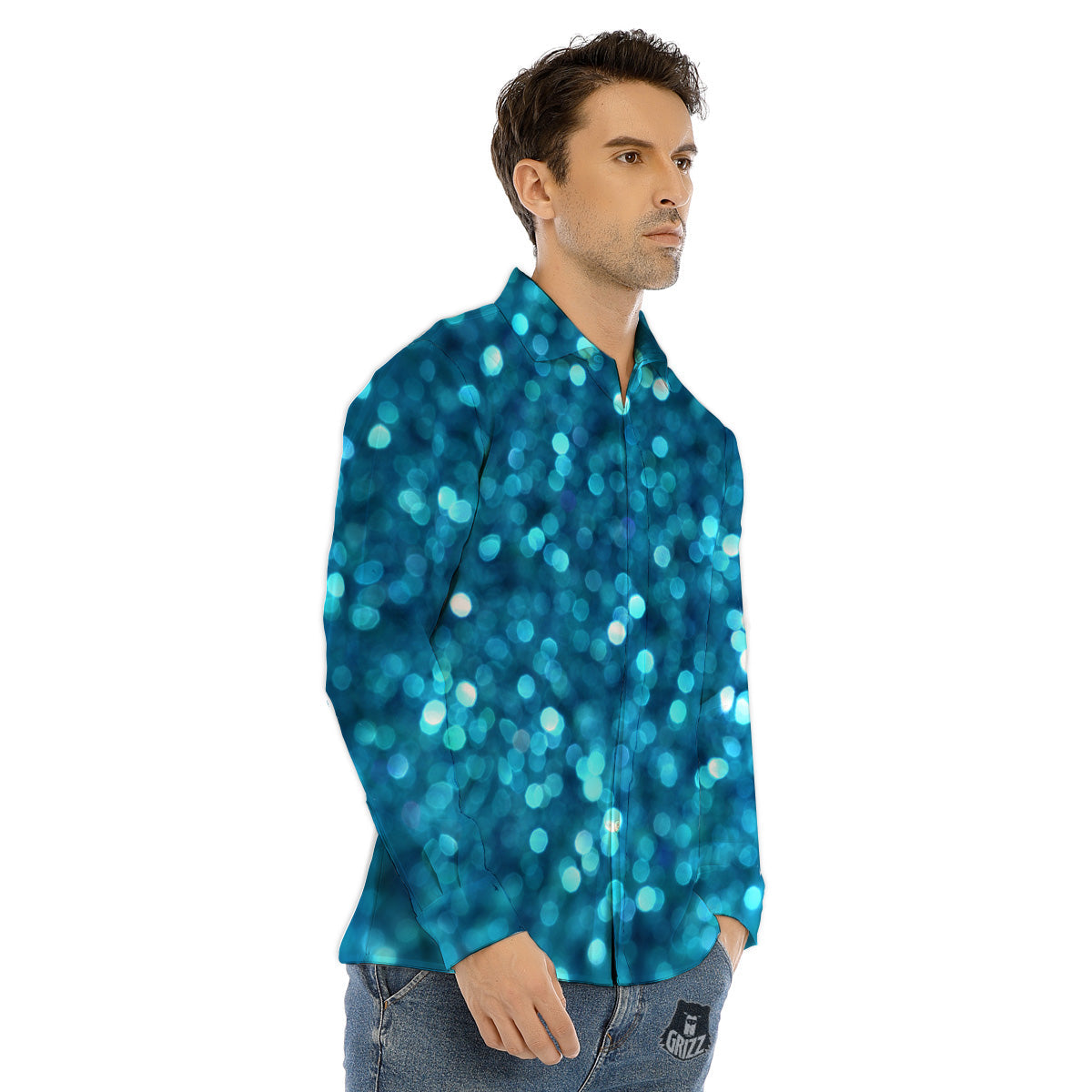 Light Blue Sparkle Print Men's Dress Shirts-grizzshop