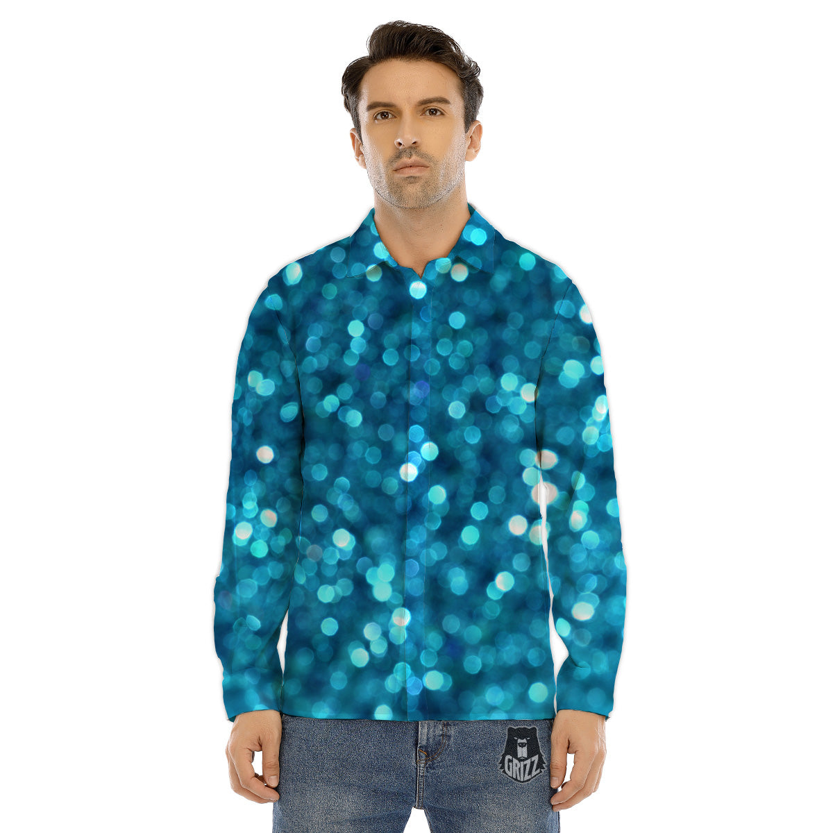 Light Blue Sparkle Print Men's Dress Shirts-grizzshop