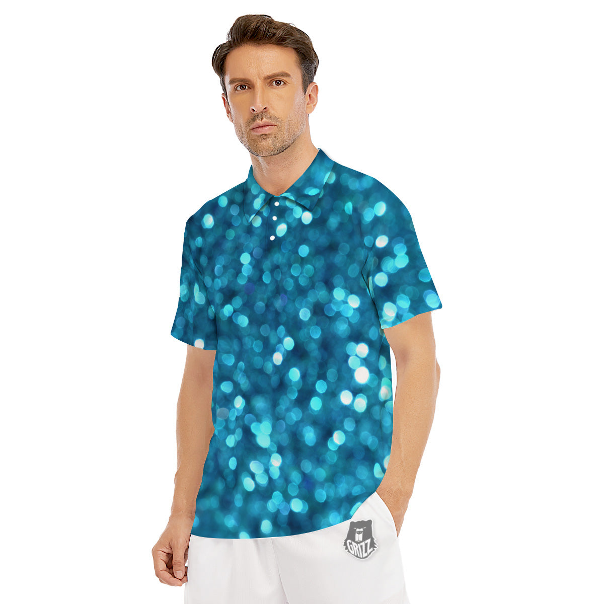 Light Blue Sparkle Print Men's Golf Shirts-grizzshop