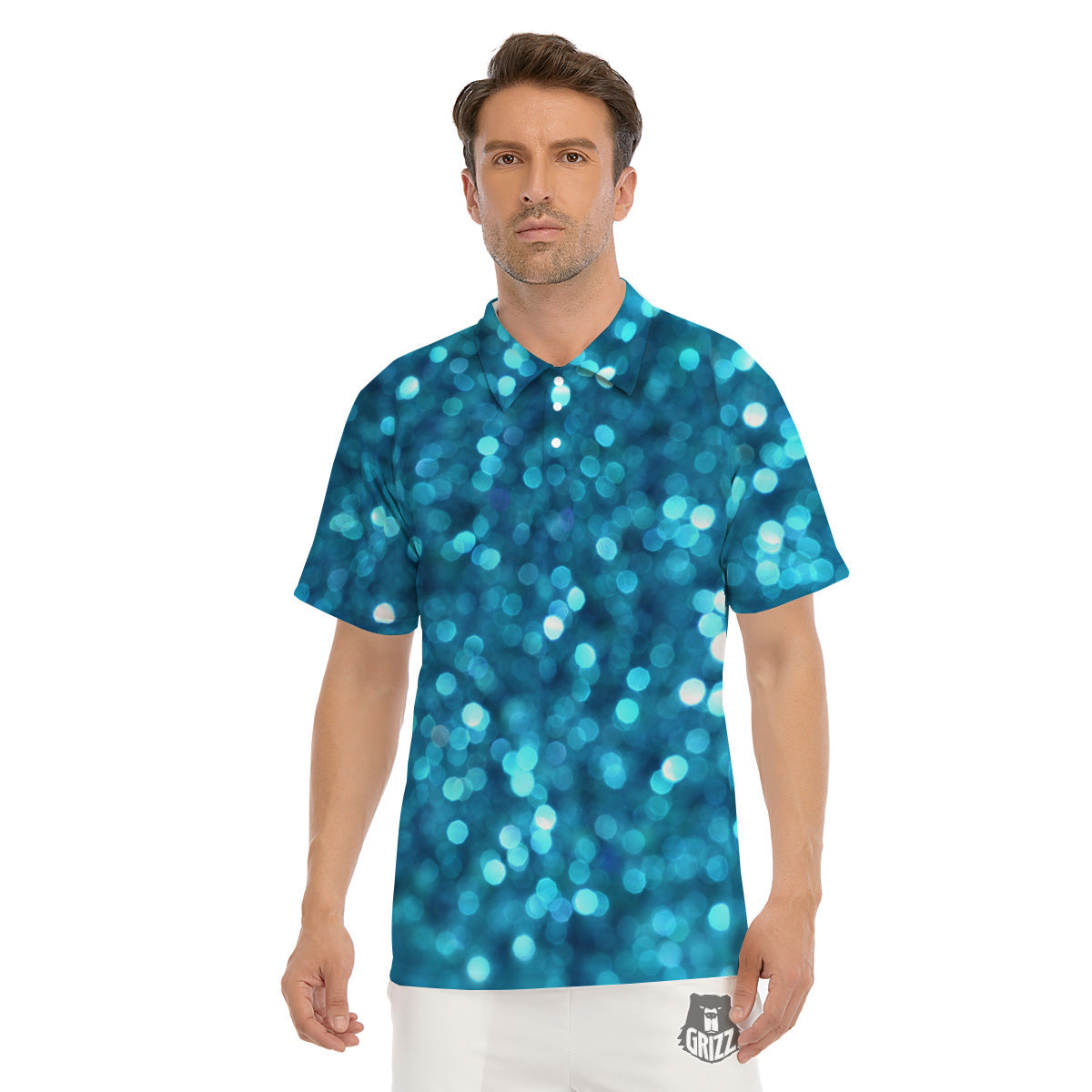 Light Blue Sparkle Print Men's Golf Shirts-grizzshop