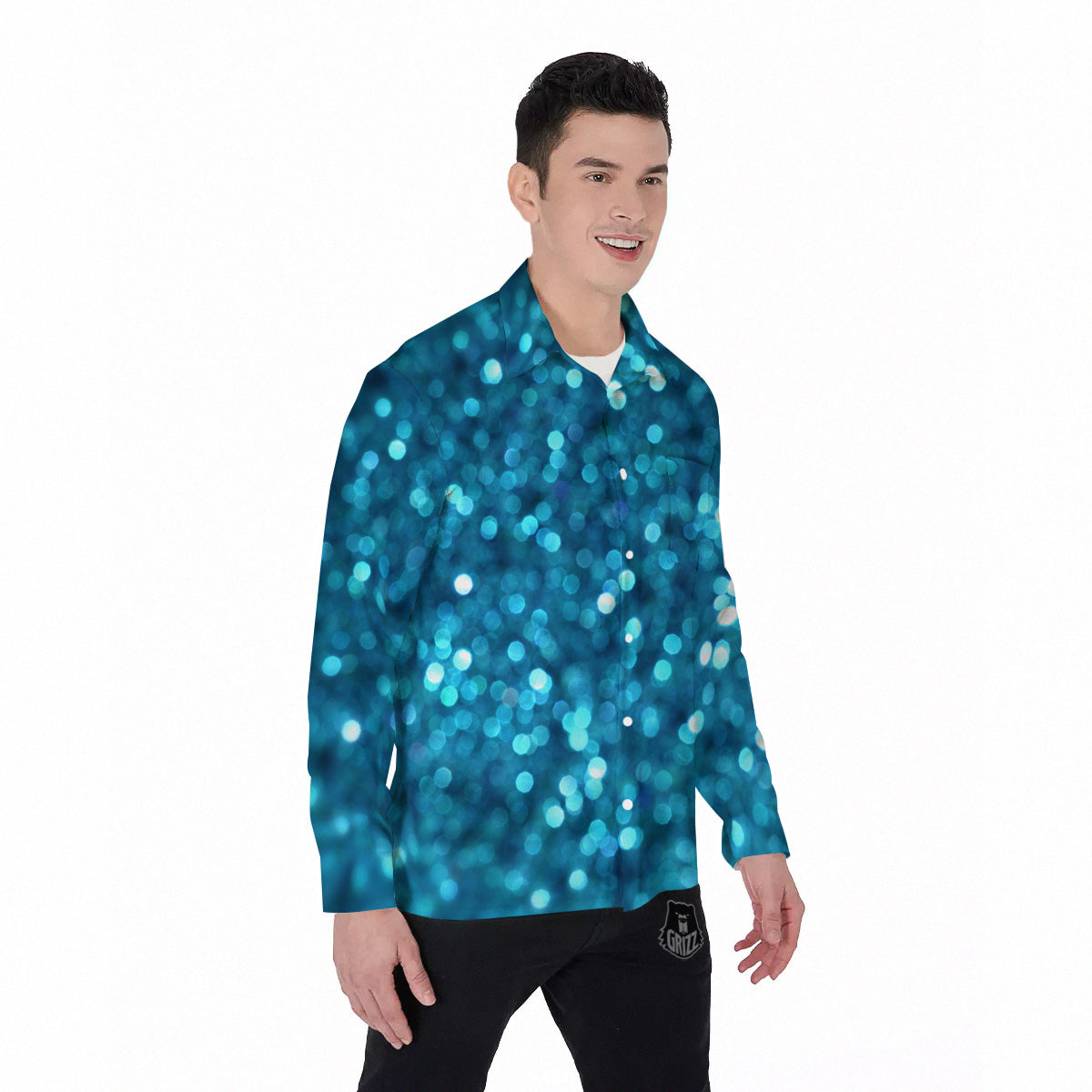 Light Blue Sparkle Print Men's Long Sleeve Shirts-grizzshop