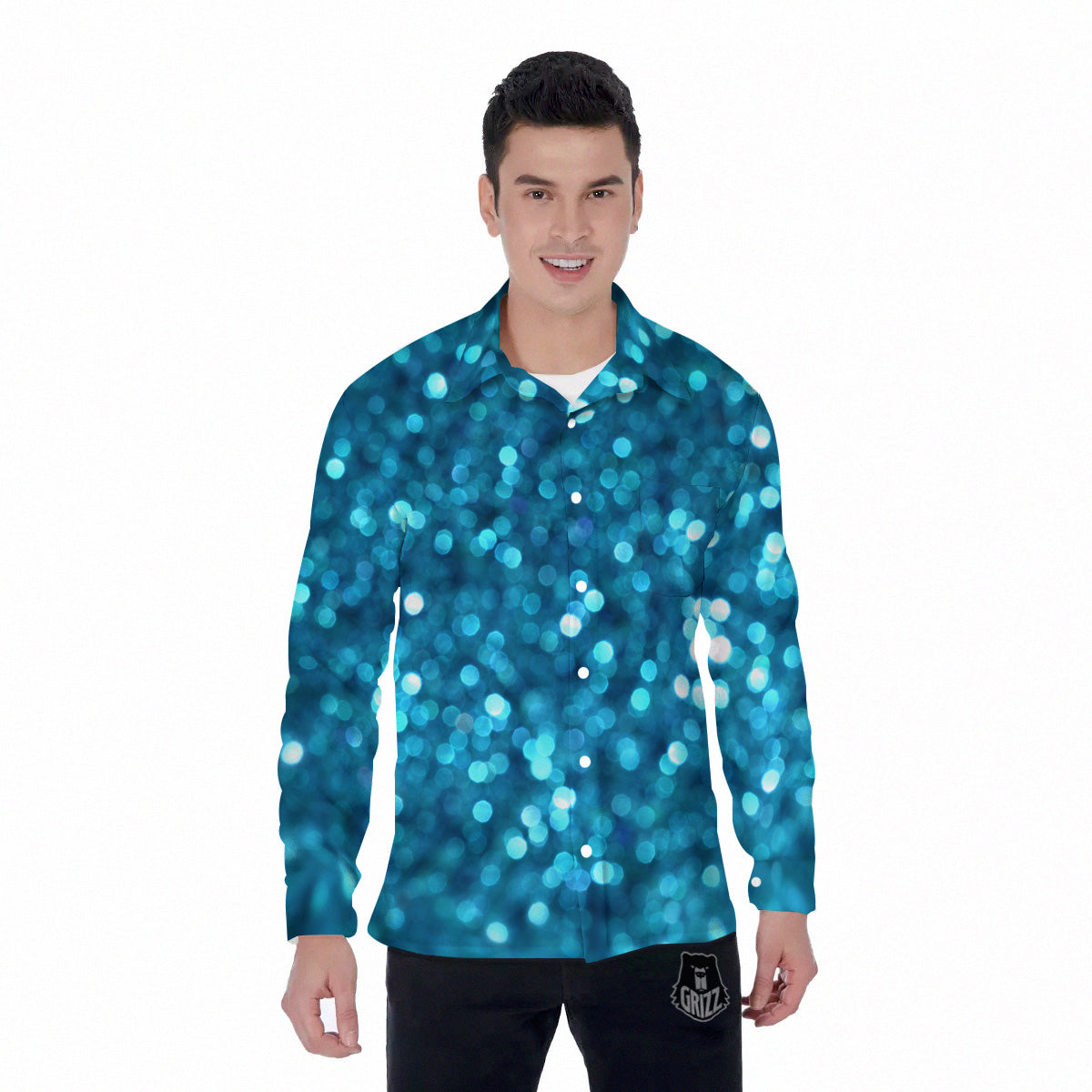 Light Blue Sparkle Print Men's Long Sleeve Shirts-grizzshop
