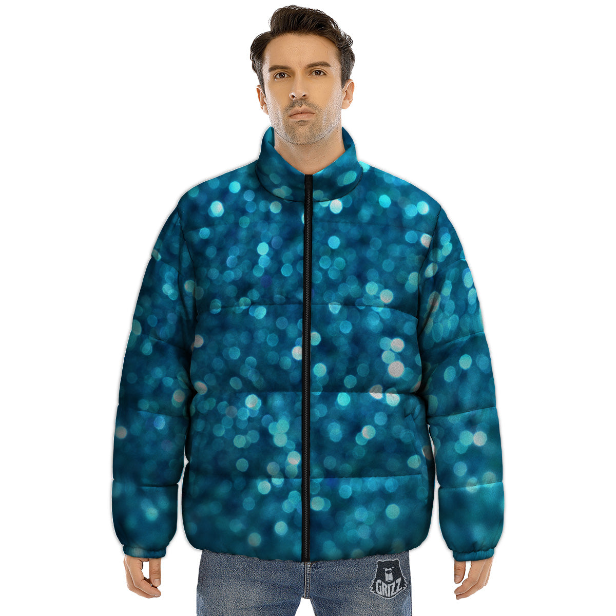 Light Blue Sparkle Print Puffer Jacket-grizzshop