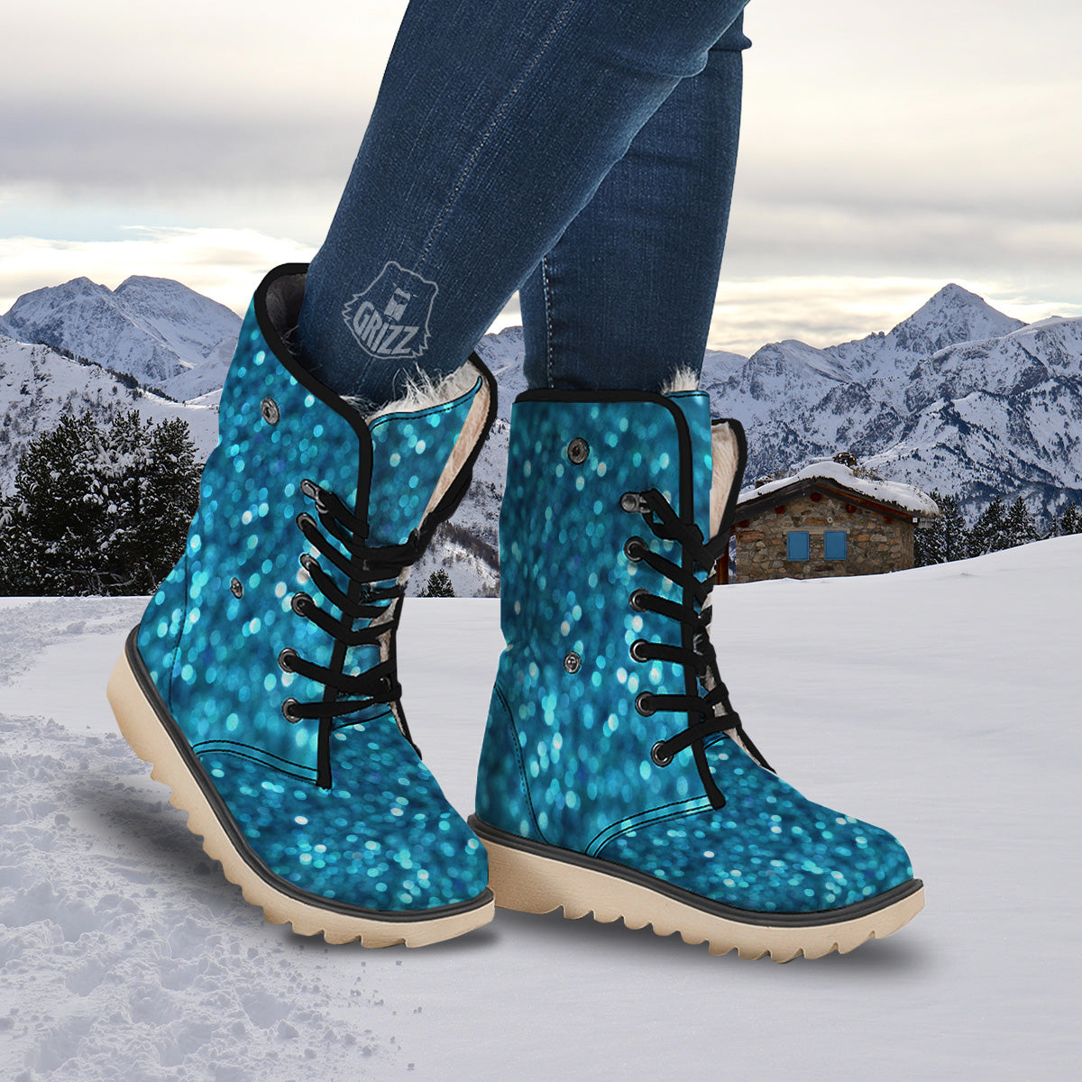 Light Blue Sparkle Print Snow Boots-grizzshop