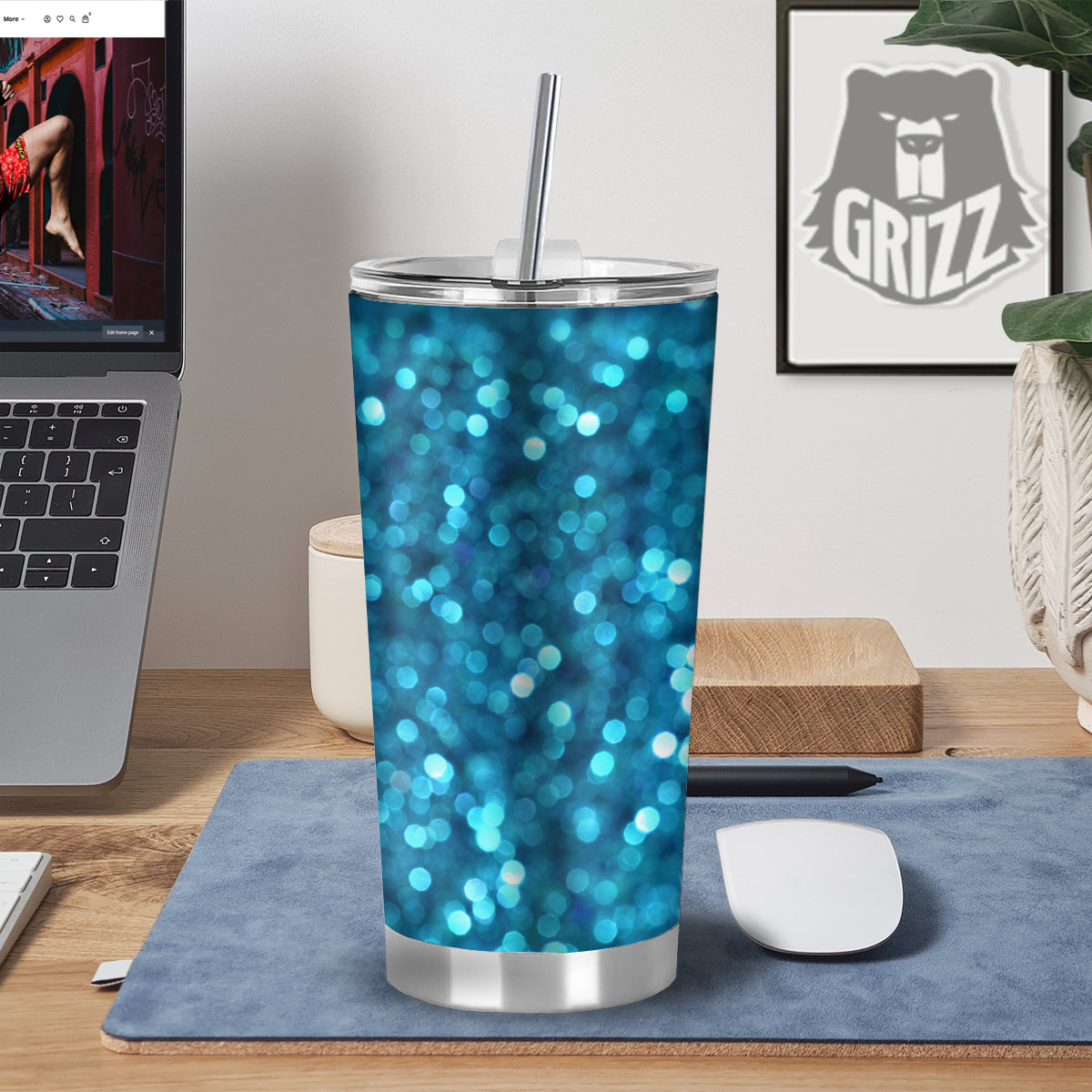 Light Blue Sparkle Print Tumbler-grizzshop