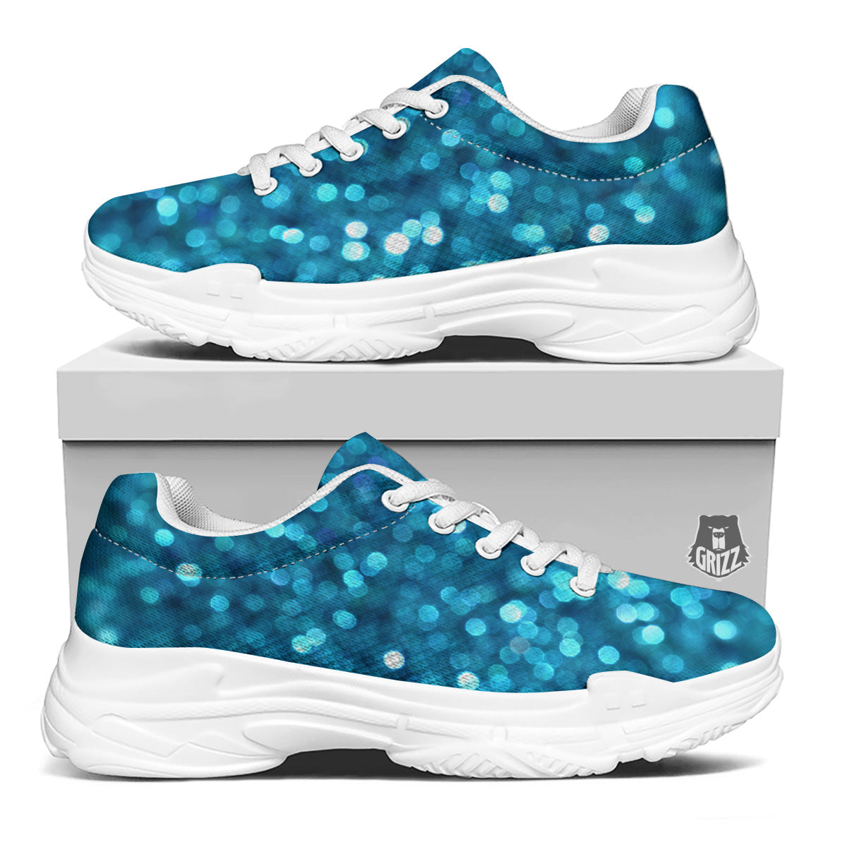Light Blue Sparkle Print White Chunky Shoes-grizzshop