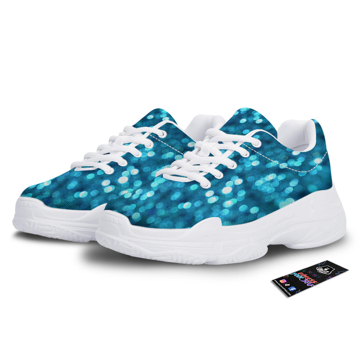 Light Blue Sparkle Print White Chunky Shoes-grizzshop