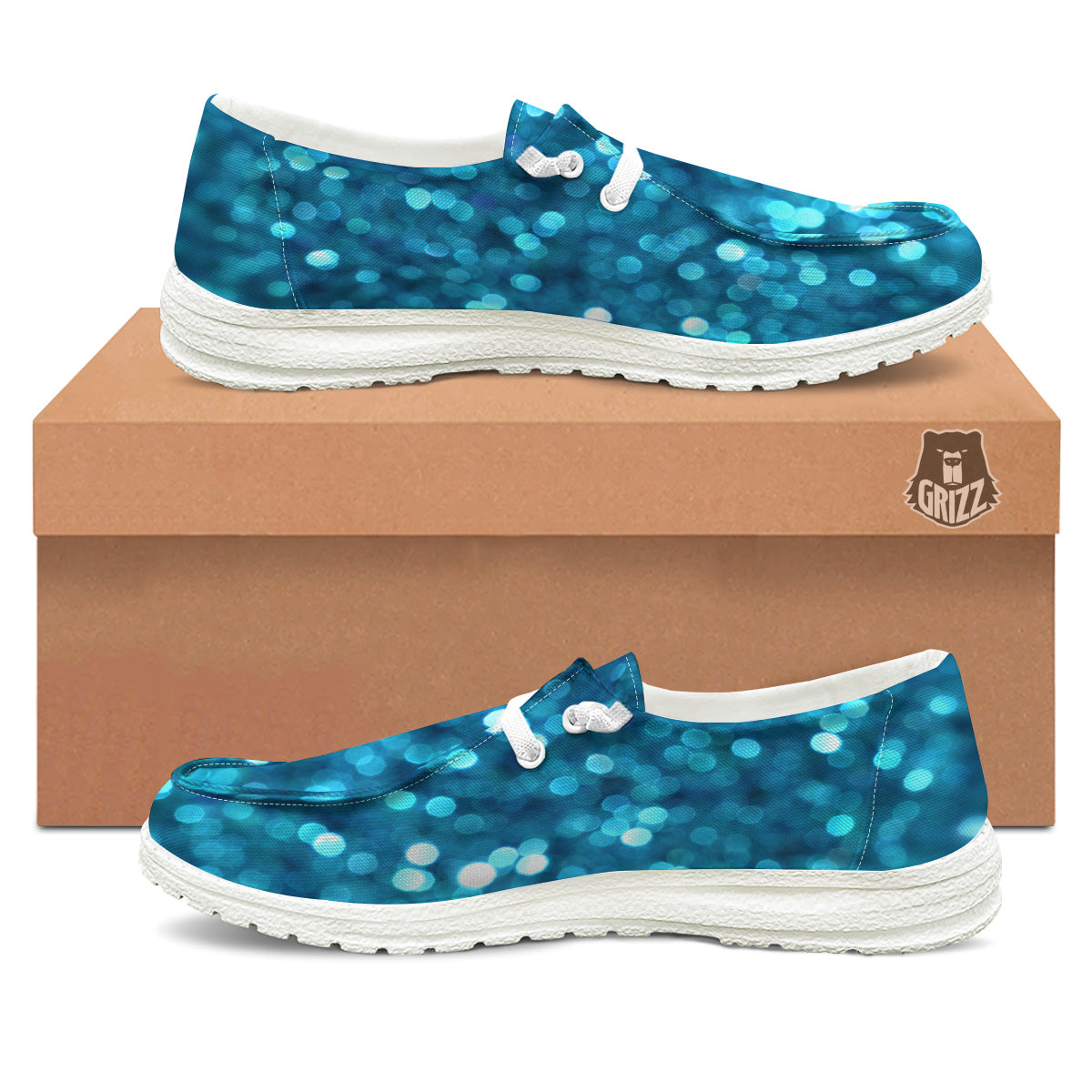 Light Blue Sparkle Print White Loafers-grizzshop