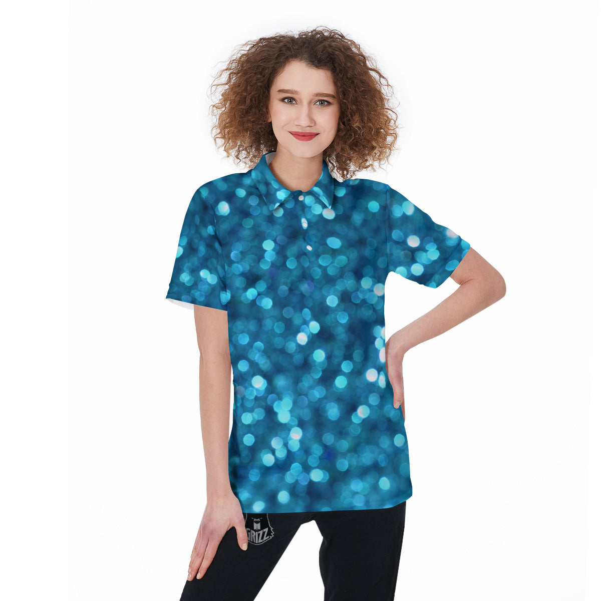Light Blue Sparkle Print Women's Golf Shirts-grizzshop