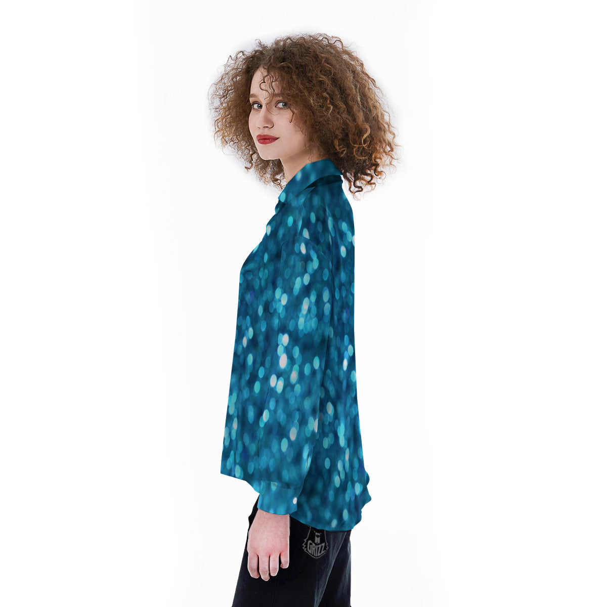 Light Blue Sparkle Print Women's Long Sleeve Shirts-grizzshop