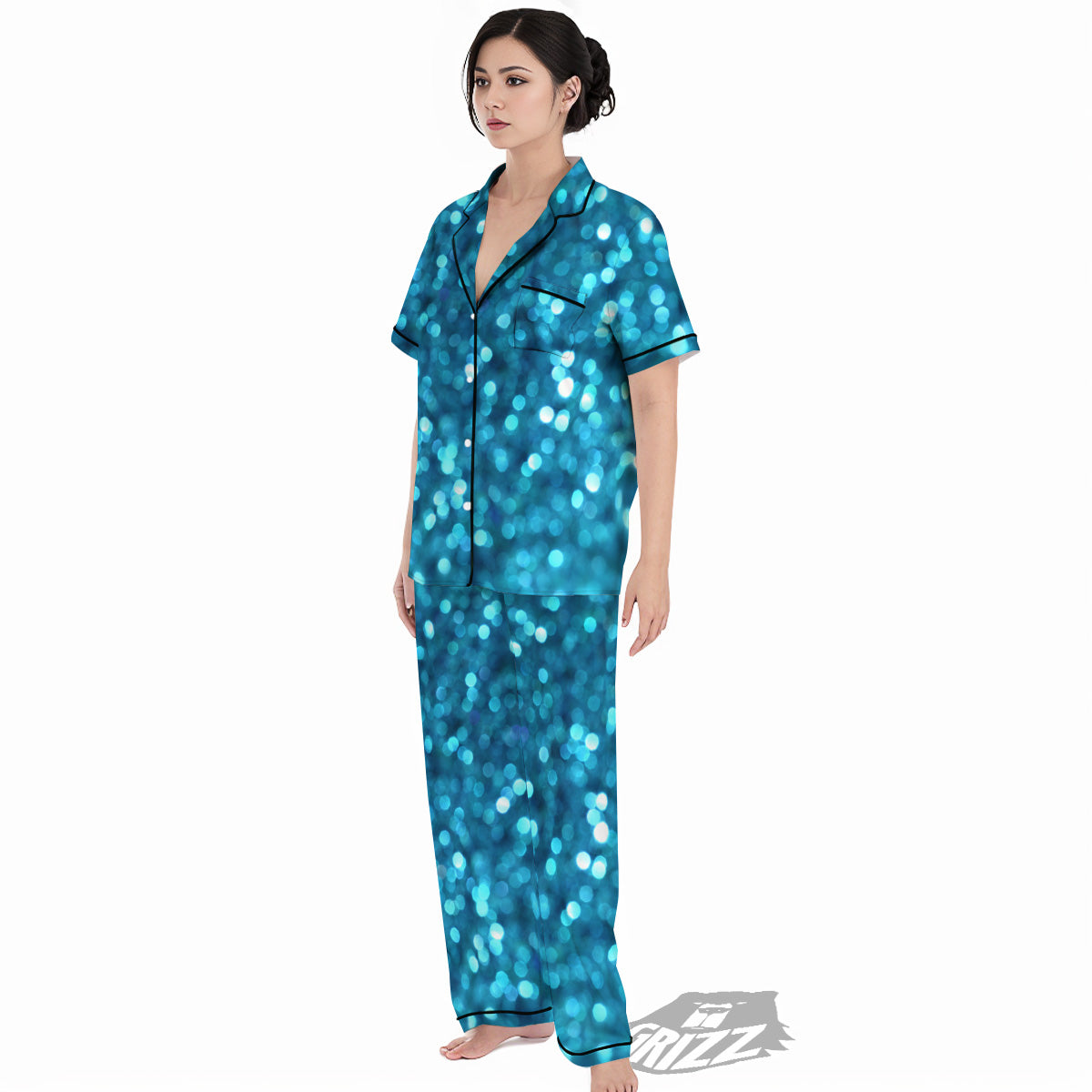 Light Blue Sparkle Print Women's Pajamas Set-grizzshop