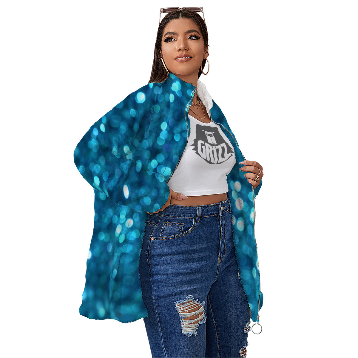Light Blue Sparkle Print Women's Sherpa Jacket-grizzshop