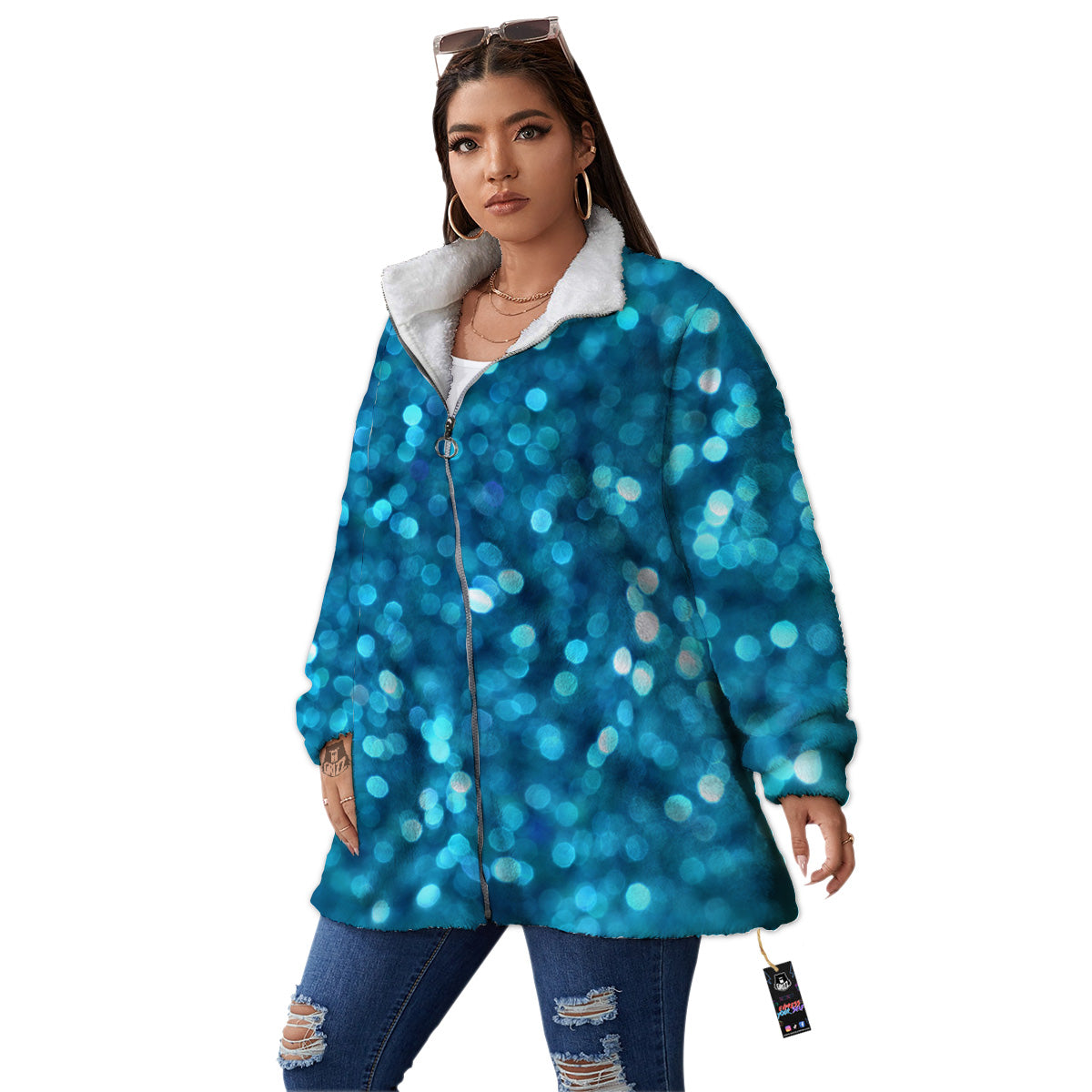 Light Blue Sparkle Print Women's Sherpa Jacket-grizzshop