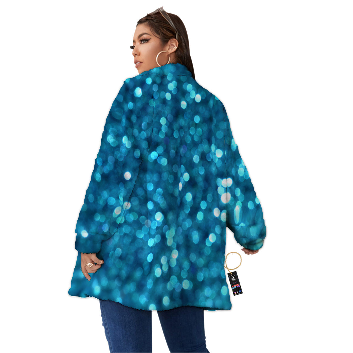 Light Blue Sparkle Print Women's Sherpa Jacket-grizzshop