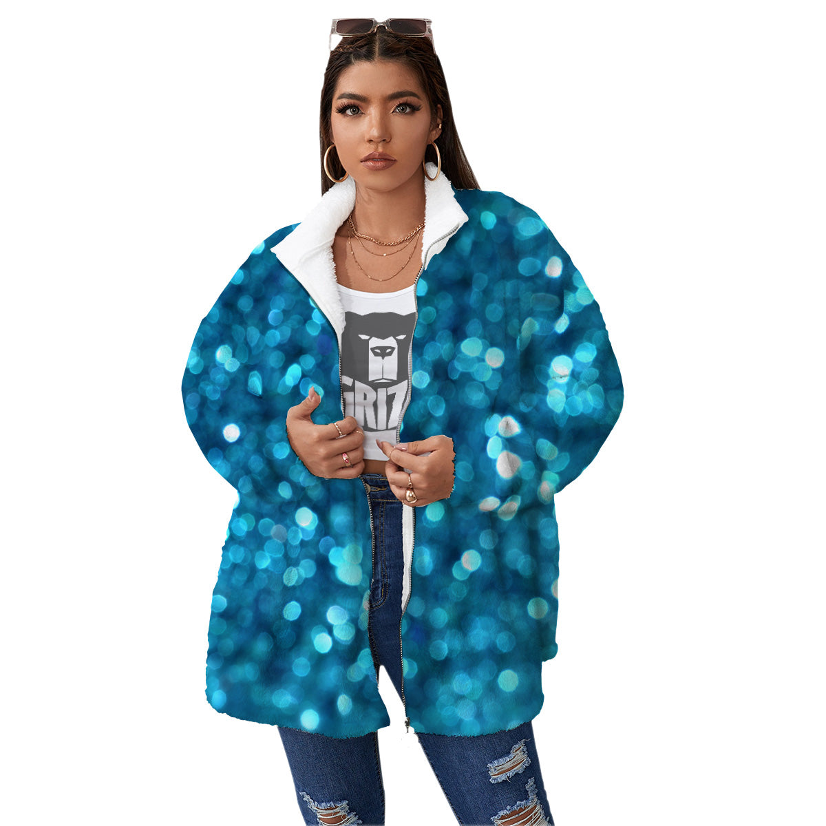 Light Blue Sparkle Print Women's Sherpa Jacket-grizzshop
