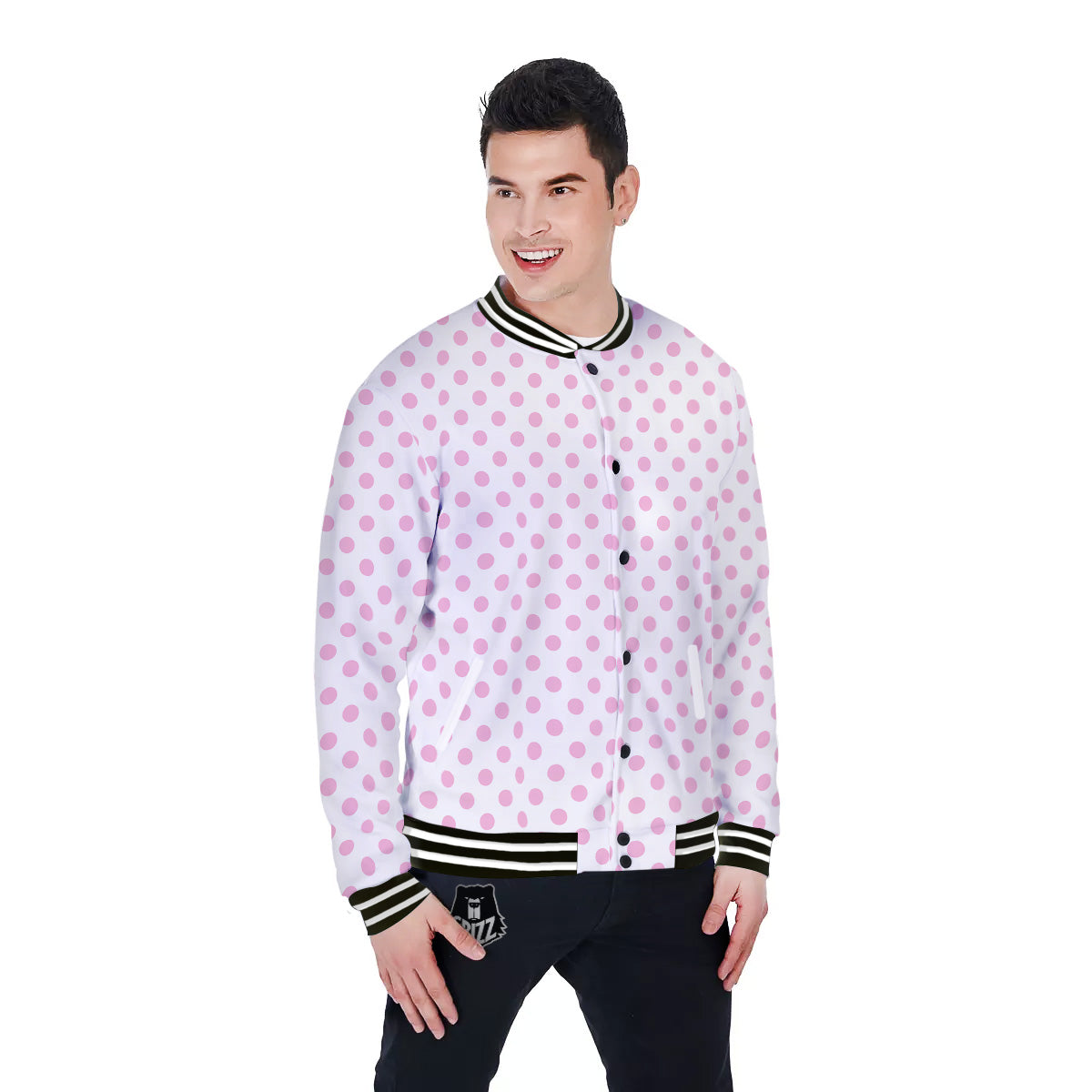 Light Pink Dots And White Print Pattern Baseball Jacket-grizzshop
