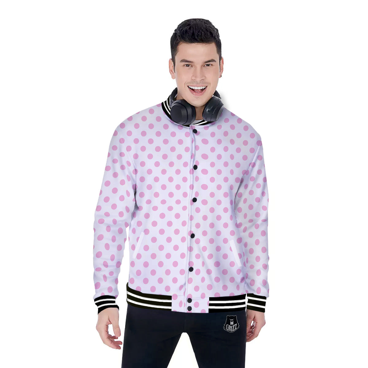 Light Pink Dots And White Print Pattern Baseball Jacket-grizzshop