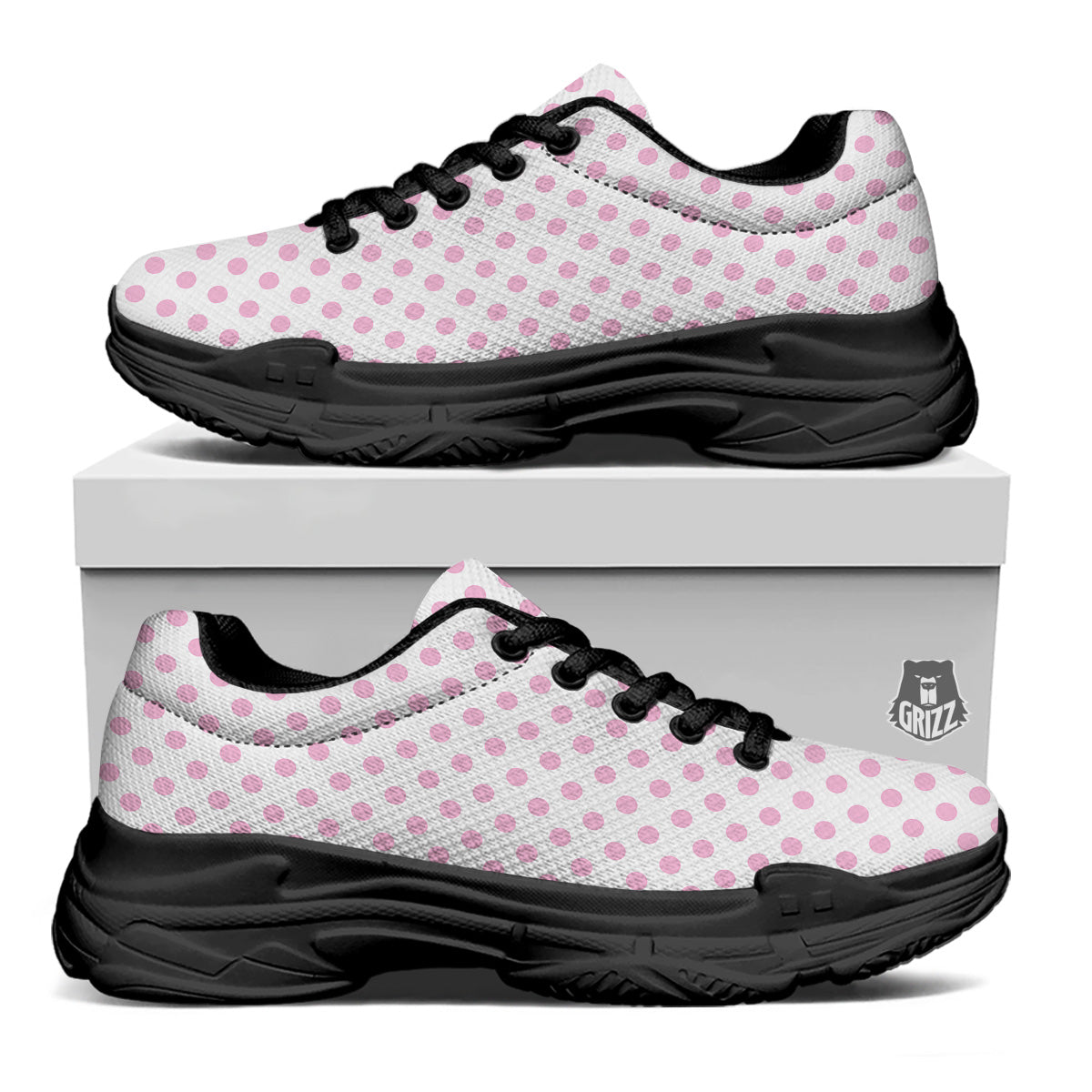 Light Pink Dots And White Print Pattern Black Chunky Shoes-grizzshop