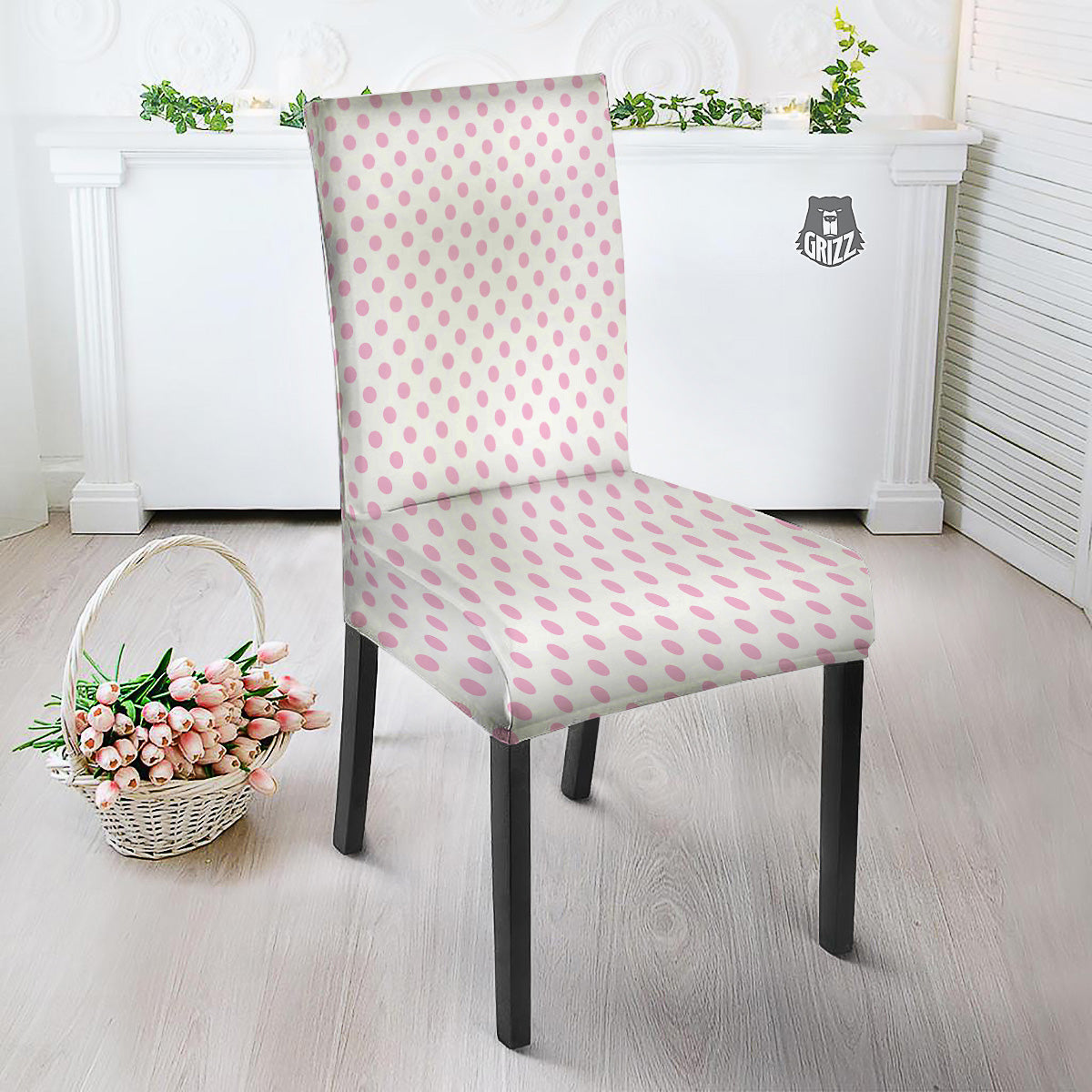 Light Pink Dots And White Print Pattern Dining Chair Slipcover-grizzshop
