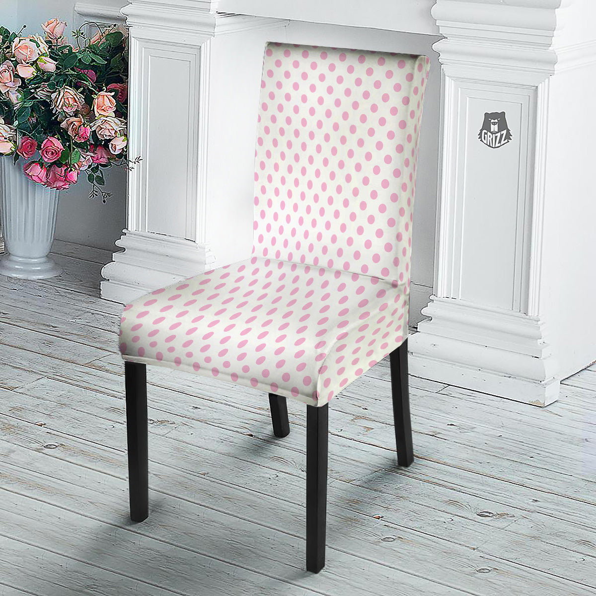 Light Pink Dots And White Print Pattern Dining Chair Slipcover-grizzshop