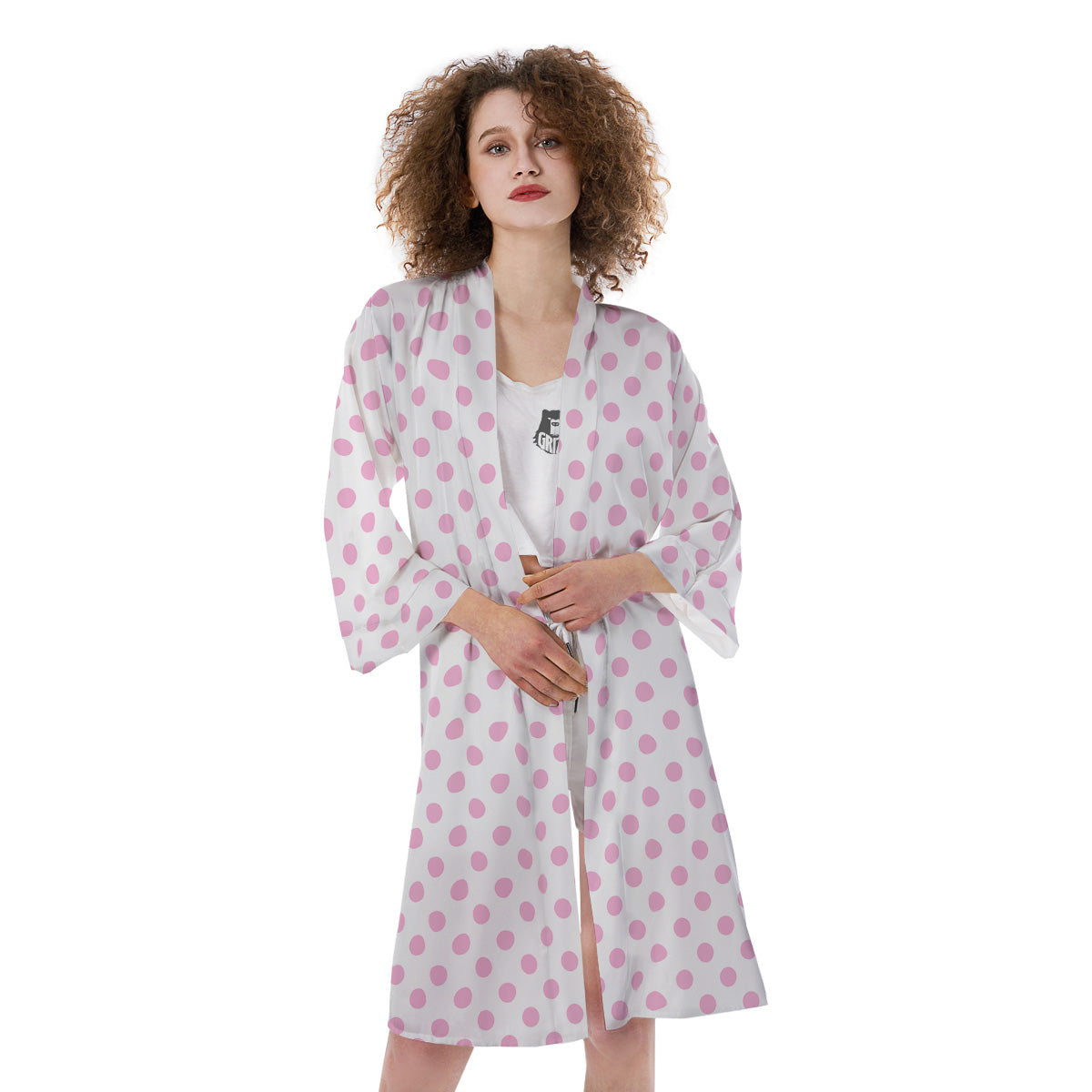 Light Pink Dots And White Print Pattern Kimono-grizzshop