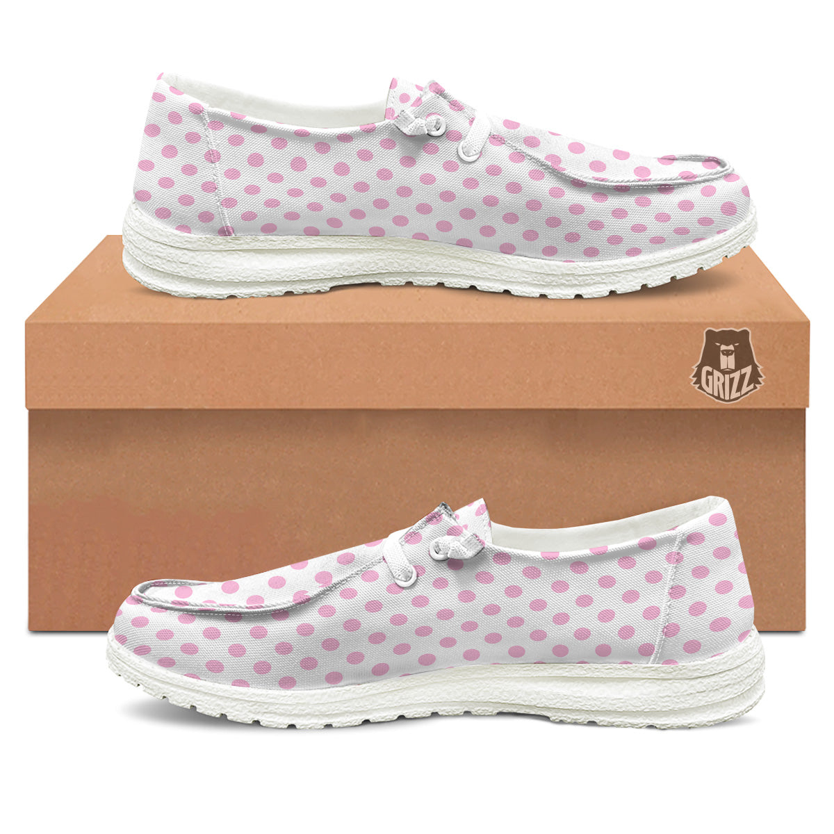 Light Pink Dots And White Print Pattern White Loafers-grizzshop