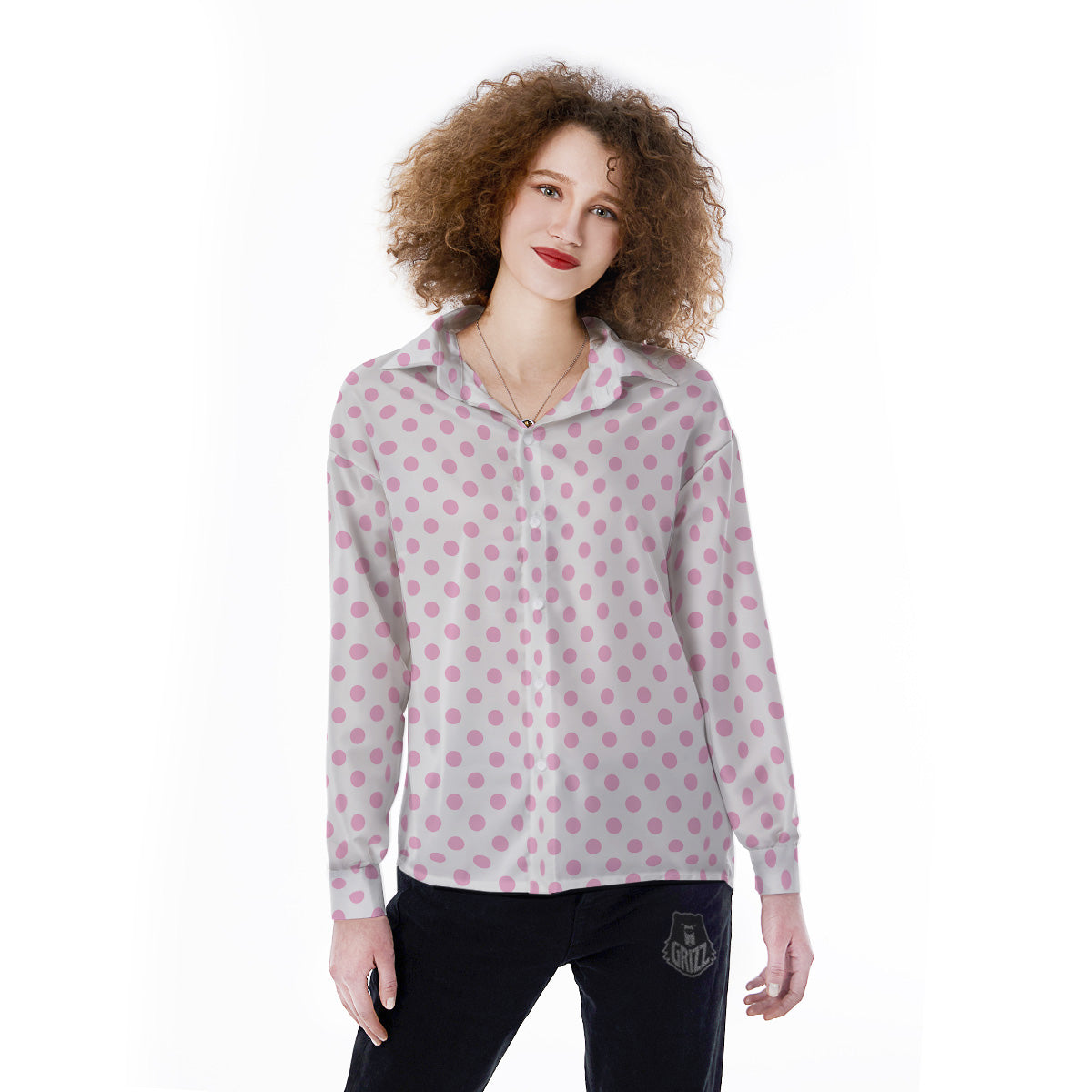 Light Pink Dots And White Print Pattern Women's Long Sleeve Shirts-grizzshop
