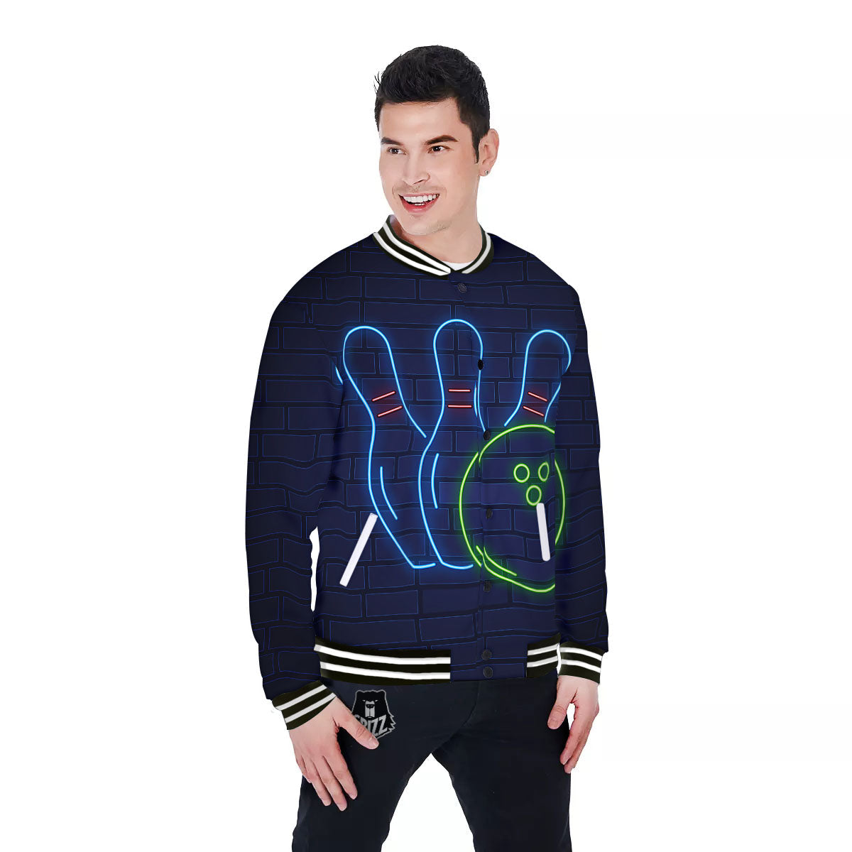 Light Up Bowling Pins Print Baseball Jacket-grizzshop