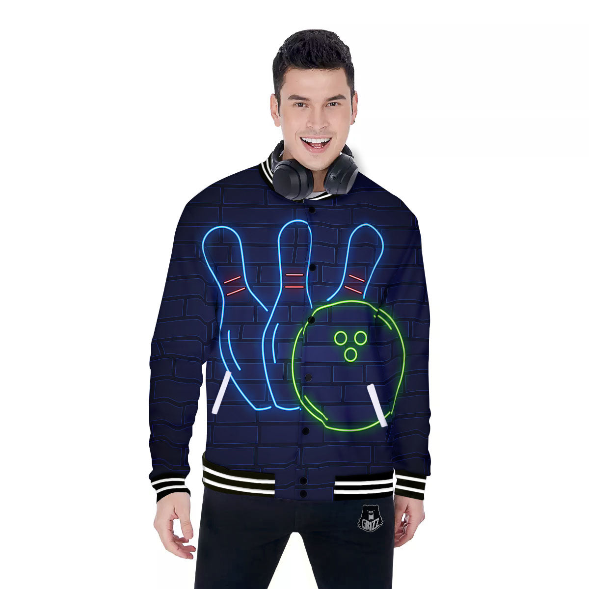 Light Up Bowling Pins Print Baseball Jacket-grizzshop
