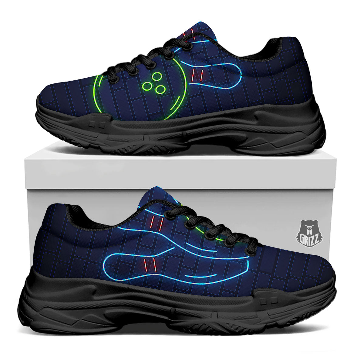 Light Up Bowling Pins Print Black Chunky Shoes-grizzshop