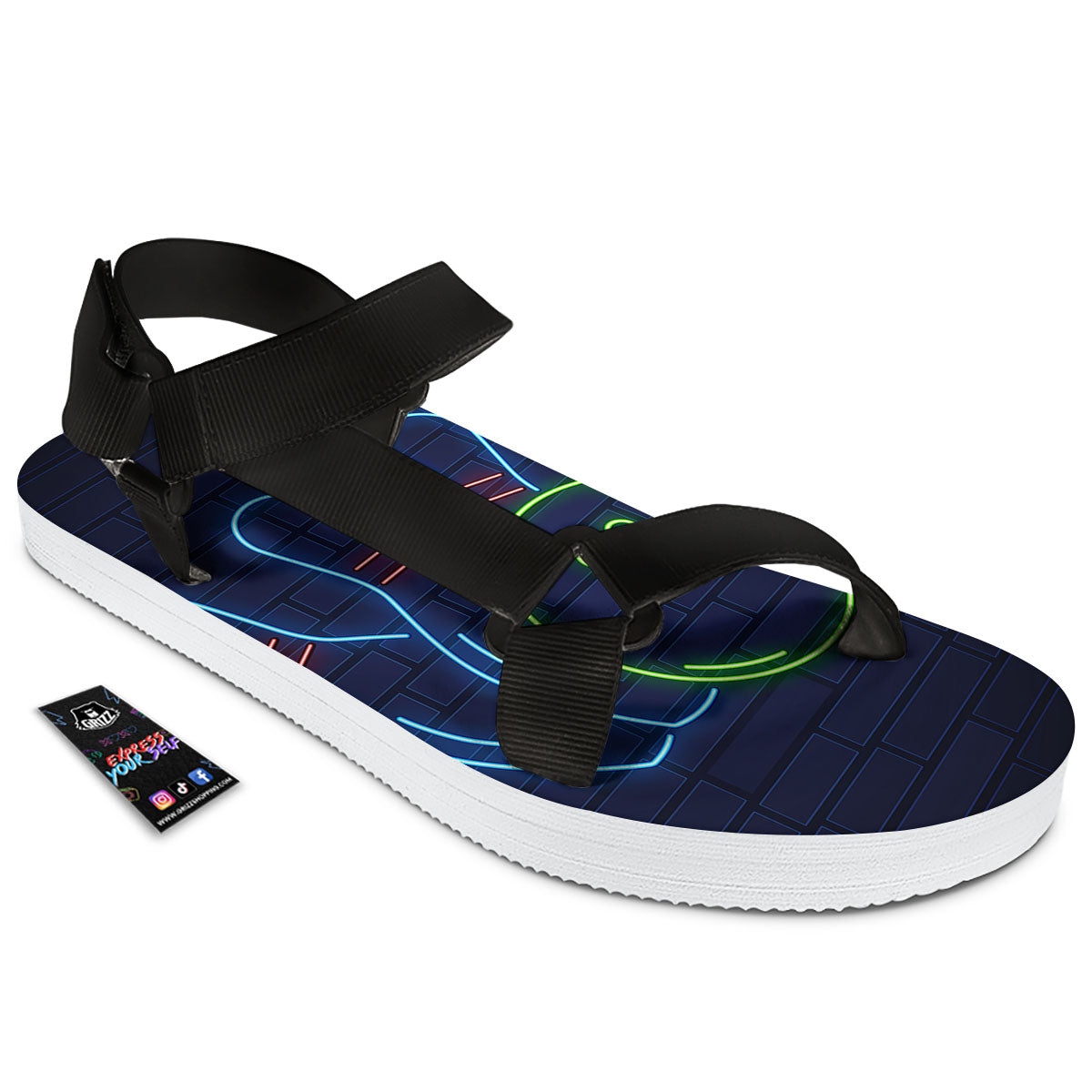 Light Up Bowling Pins Print Black Open Toe Sandals-grizzshop